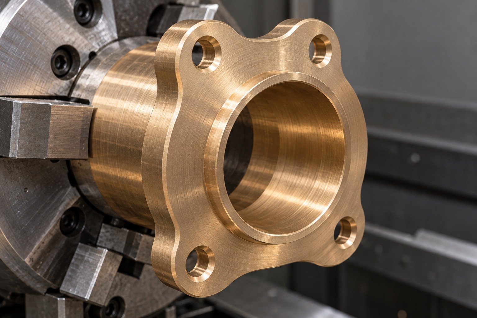 Bore entry and mounting-hole edge review in a copper-alloy bushing — illustrative generated component concept
