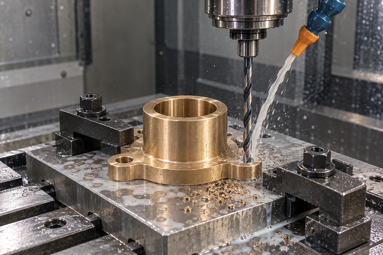 Supported wet drilling of a copper-alloy bushing mounting ear — illustrative generated component concept