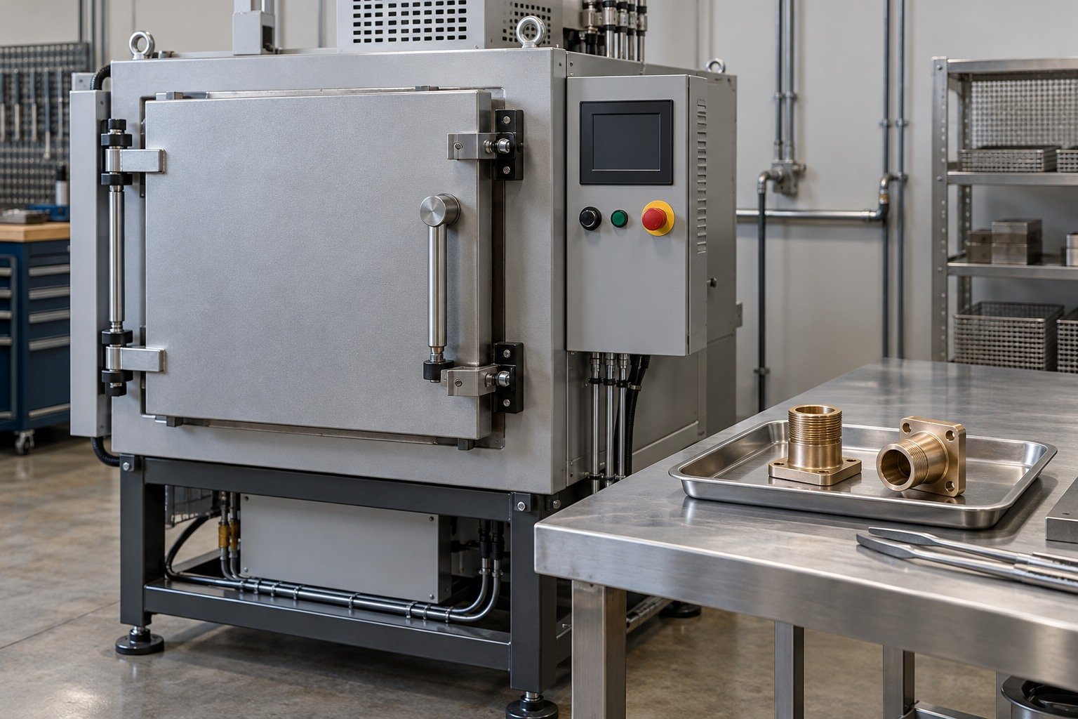 Closed furnace and separate copper-alloy samples for heat-treatment route review — illustrative generated component concept