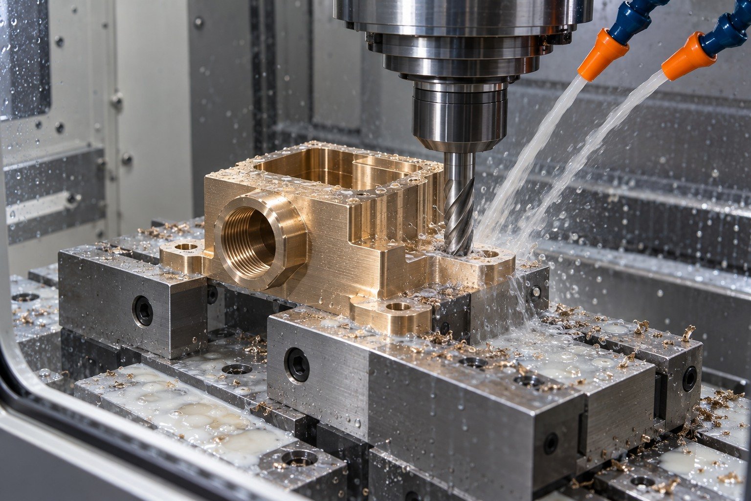 Enclosed wet milling of a copper-alloy connector foot — illustrative generated component concept