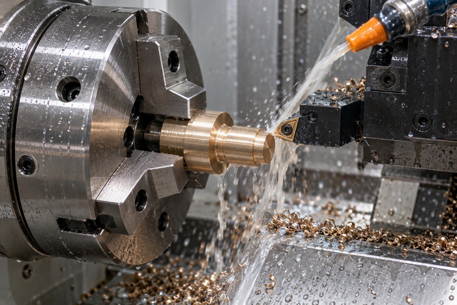 Enclosed wet turning of a copper-alloy contact shoulder — illustrative generated component concept