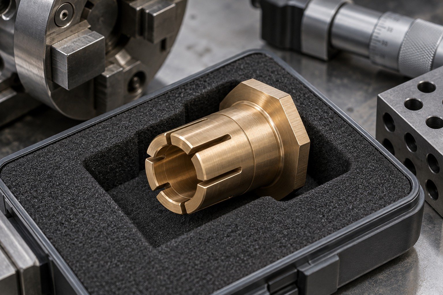 Copper-alloy contact socket in an individual protective pocket — illustrative generated component concept