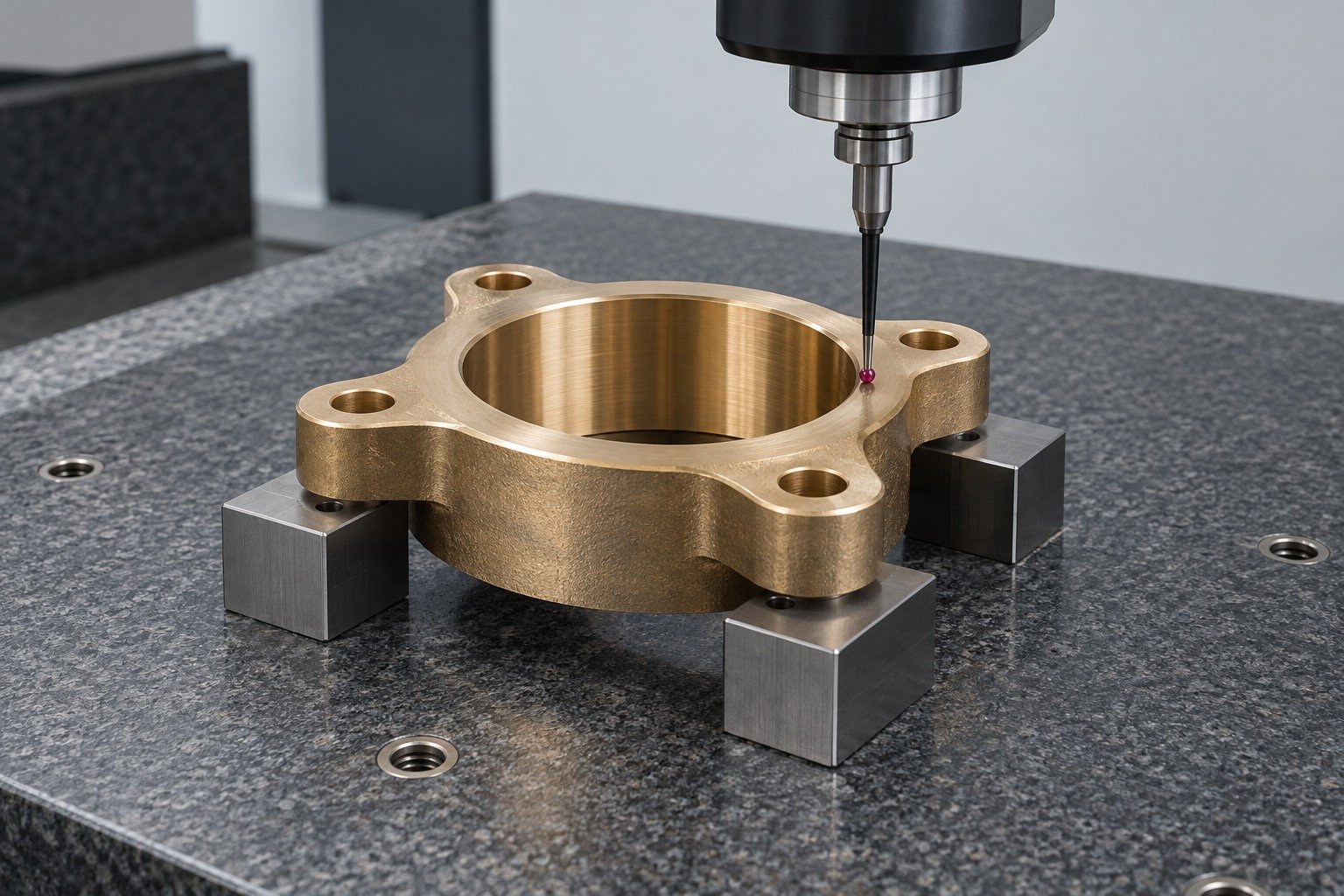 Final mounting-datum inspection of a copper-alloy flanged bushing — illustrative generated component concept