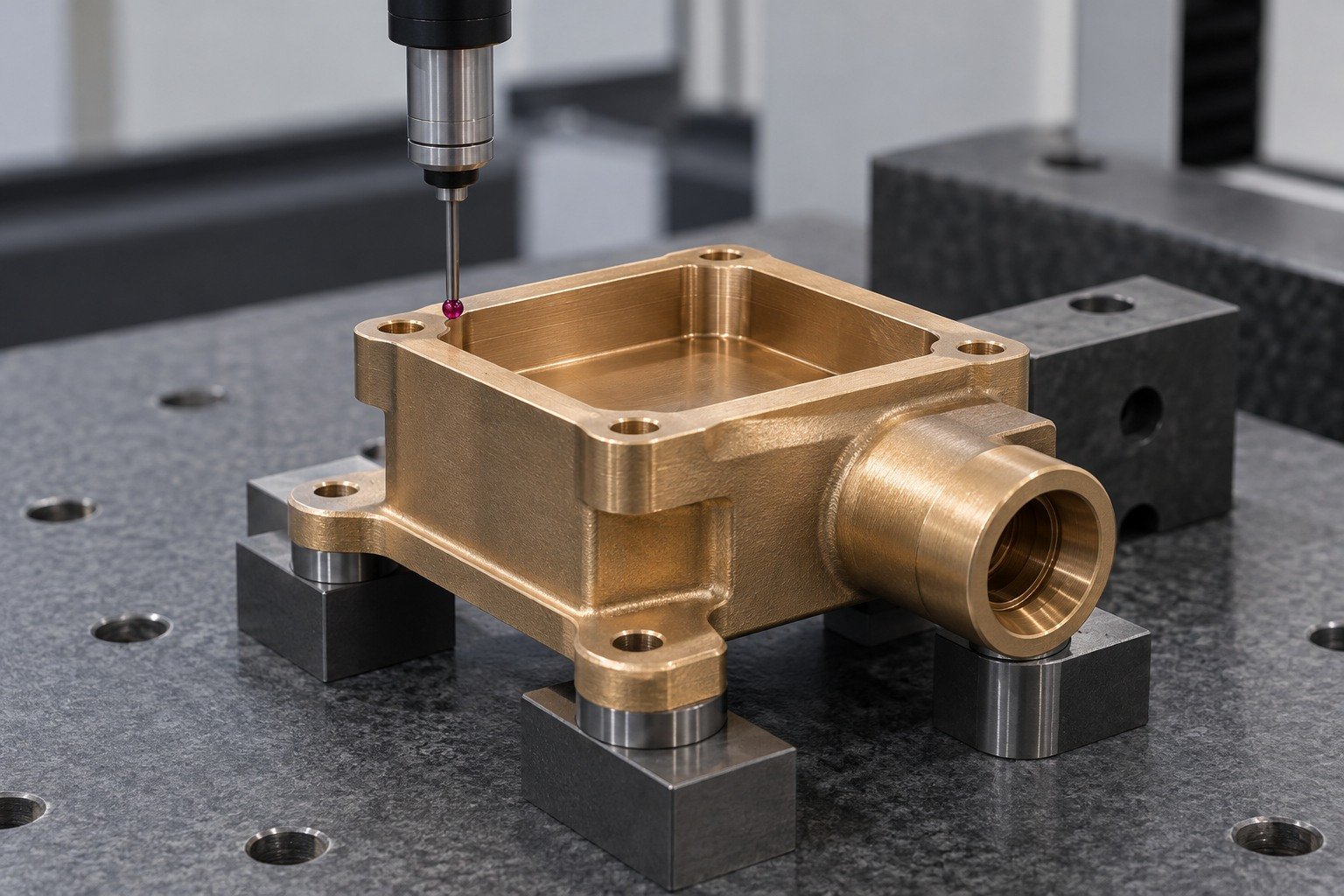 First-sample datum check of a copper-alloy connector — illustrative generated component concept