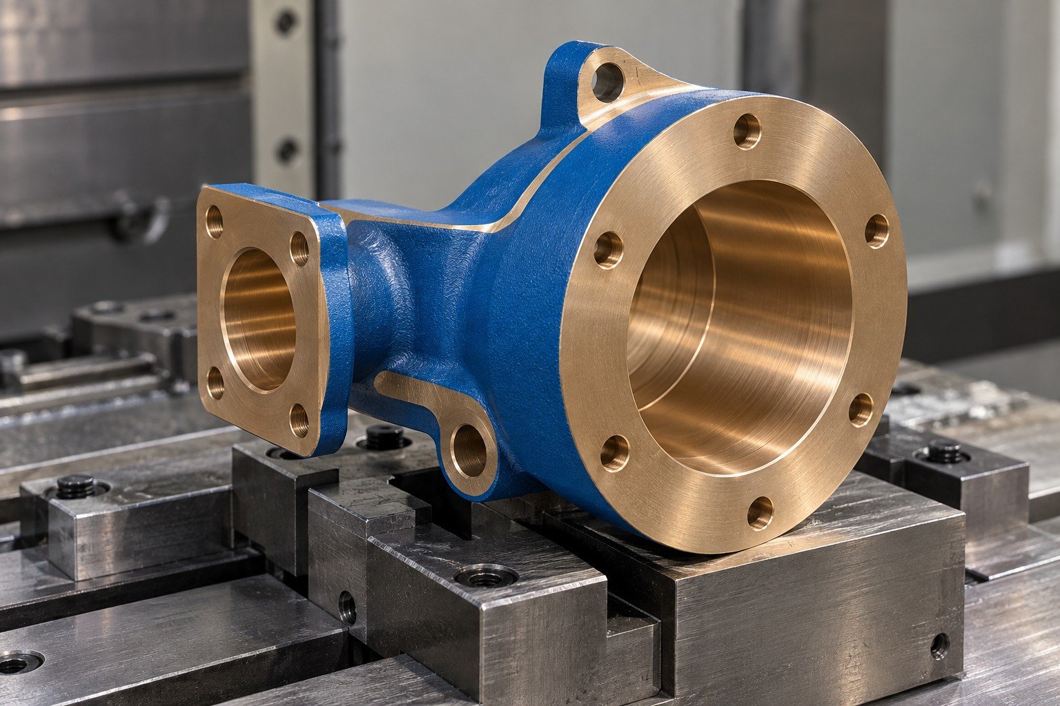 Selected masking beside a copper-alloy flange mating face — illustrative generated component concept