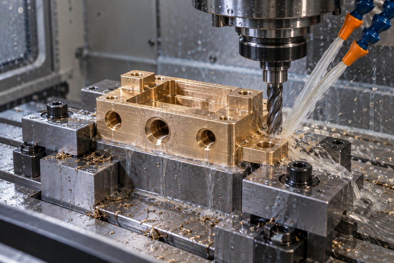 Enclosed wet machining concept for a copper-alloy recessed connector block — illustrative generated component concept