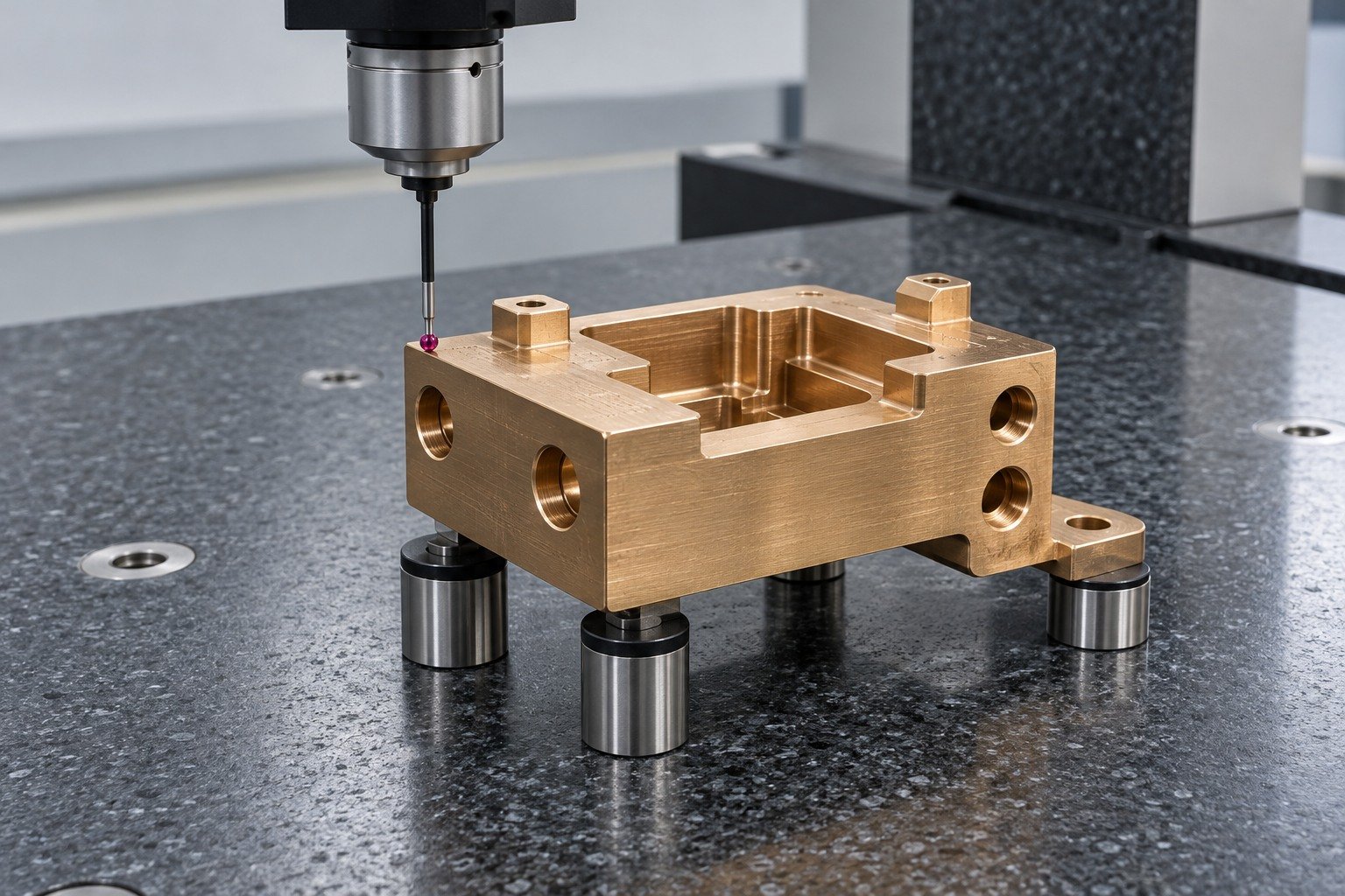 Final datum inspection of a copper-alloy recessed connector block — illustrative generated component concept