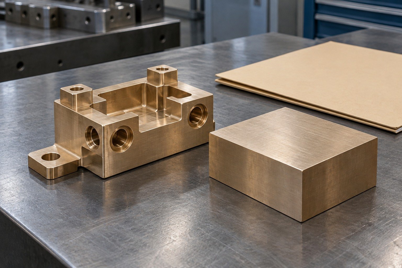 Copper-alloy recessed connector block and separate stock for condition review — illustrative generated component concept