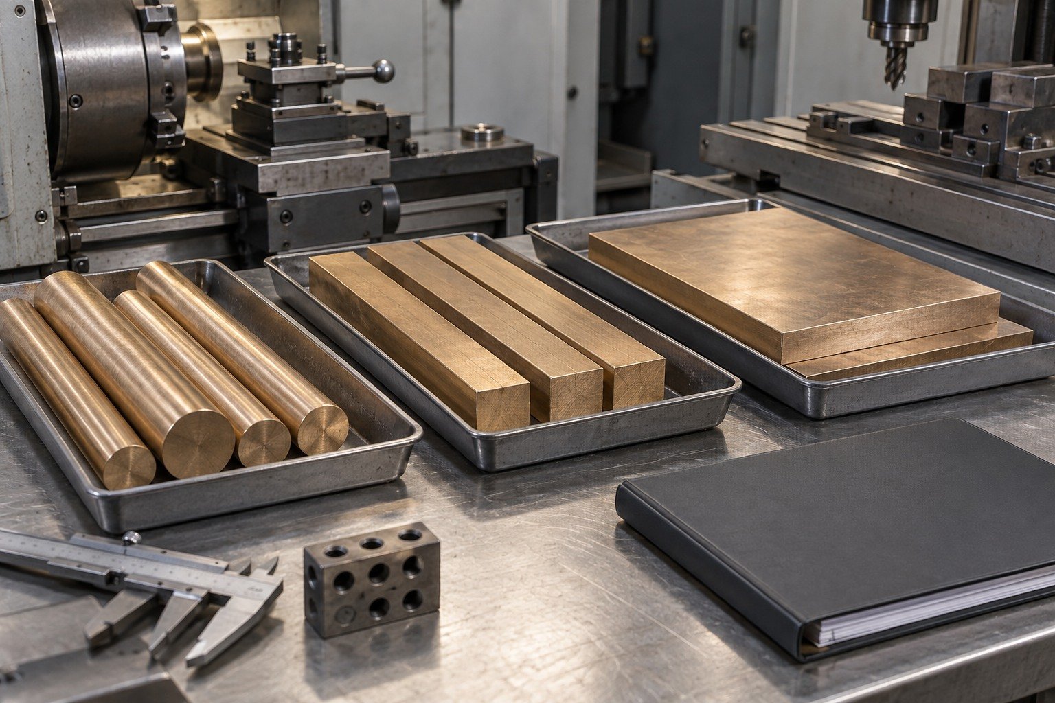 Separate copper-alloy stock forms and material-record folder — illustrative generated component concept