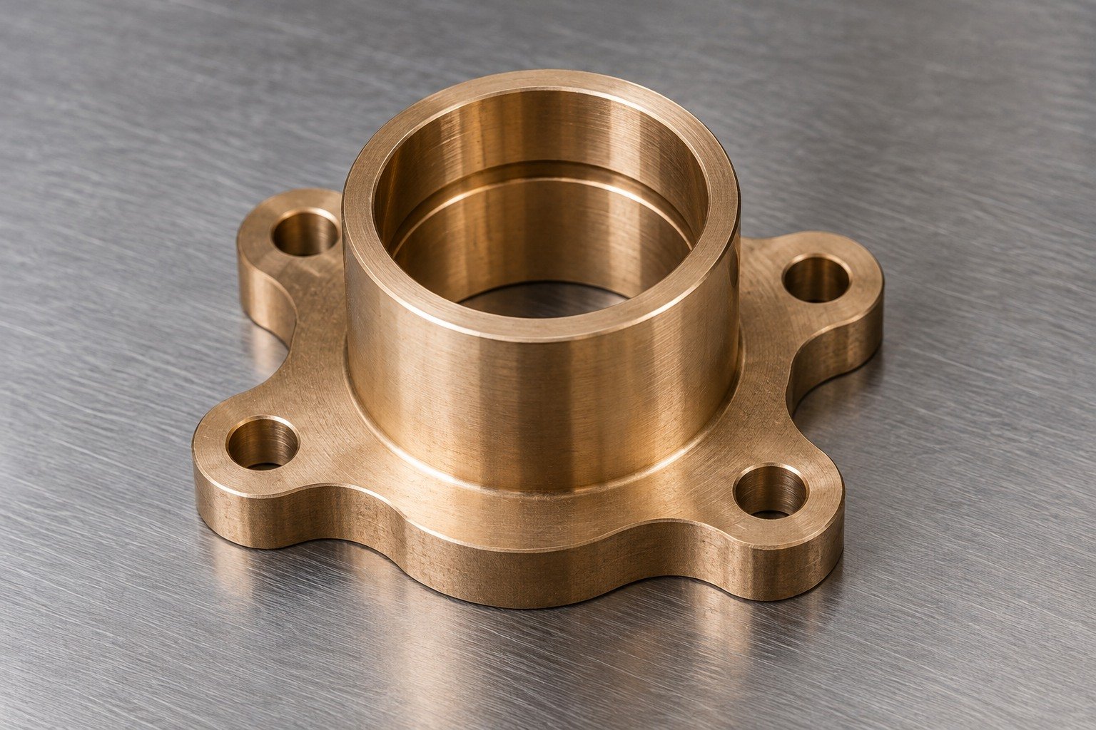 Pale bronze copper-alloy short bushing with a scalloped four-ear flange, central smooth through bore, one shallow internal annular lubrication groove and four mounting holes — illustrative generated component concept