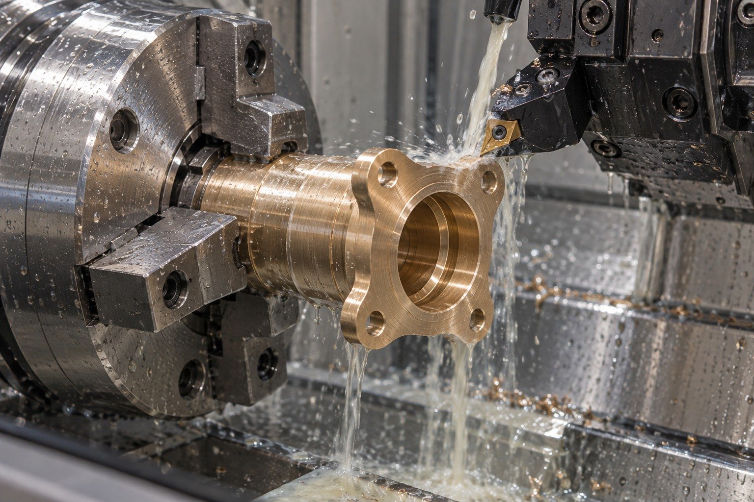 Enclosed wet machining concept for a copper-alloy scalloped flange bushing — illustrative generated component concept