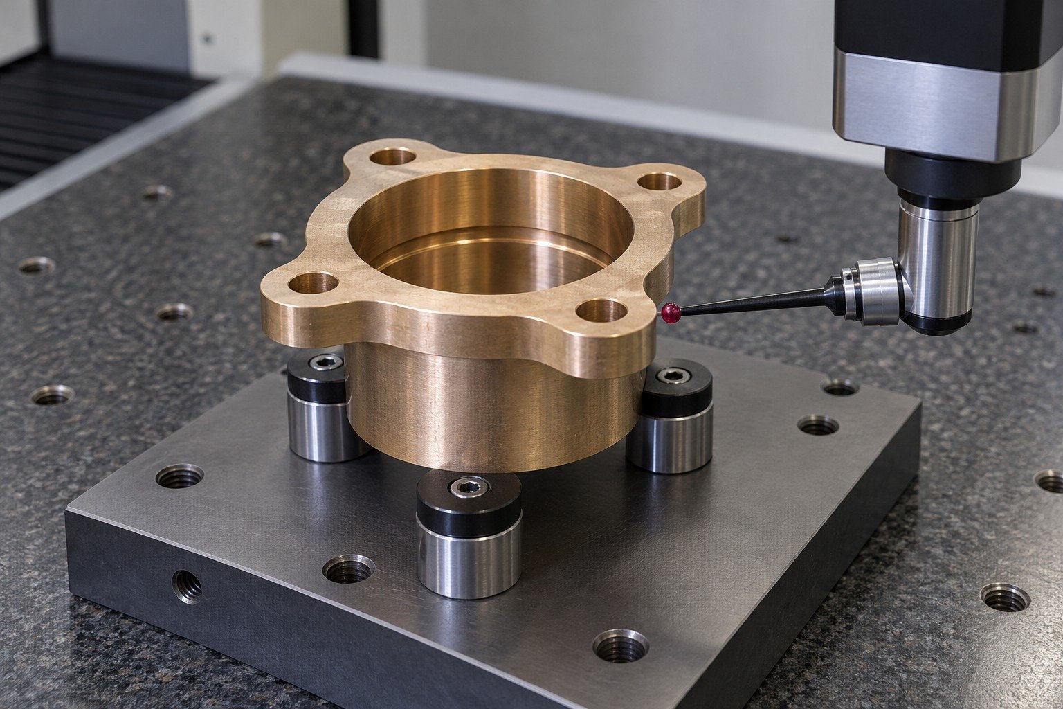 Final datum inspection of a copper-alloy scalloped flange bushing — illustrative generated component concept