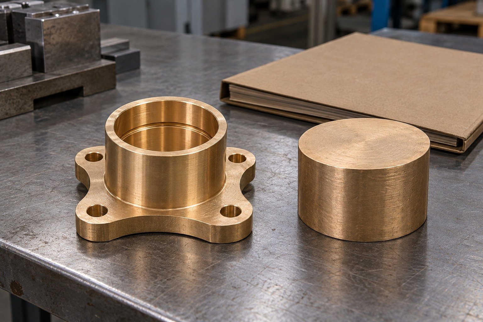 Copper-alloy scalloped flange bushing and separate stock for condition review — illustrative generated component concept