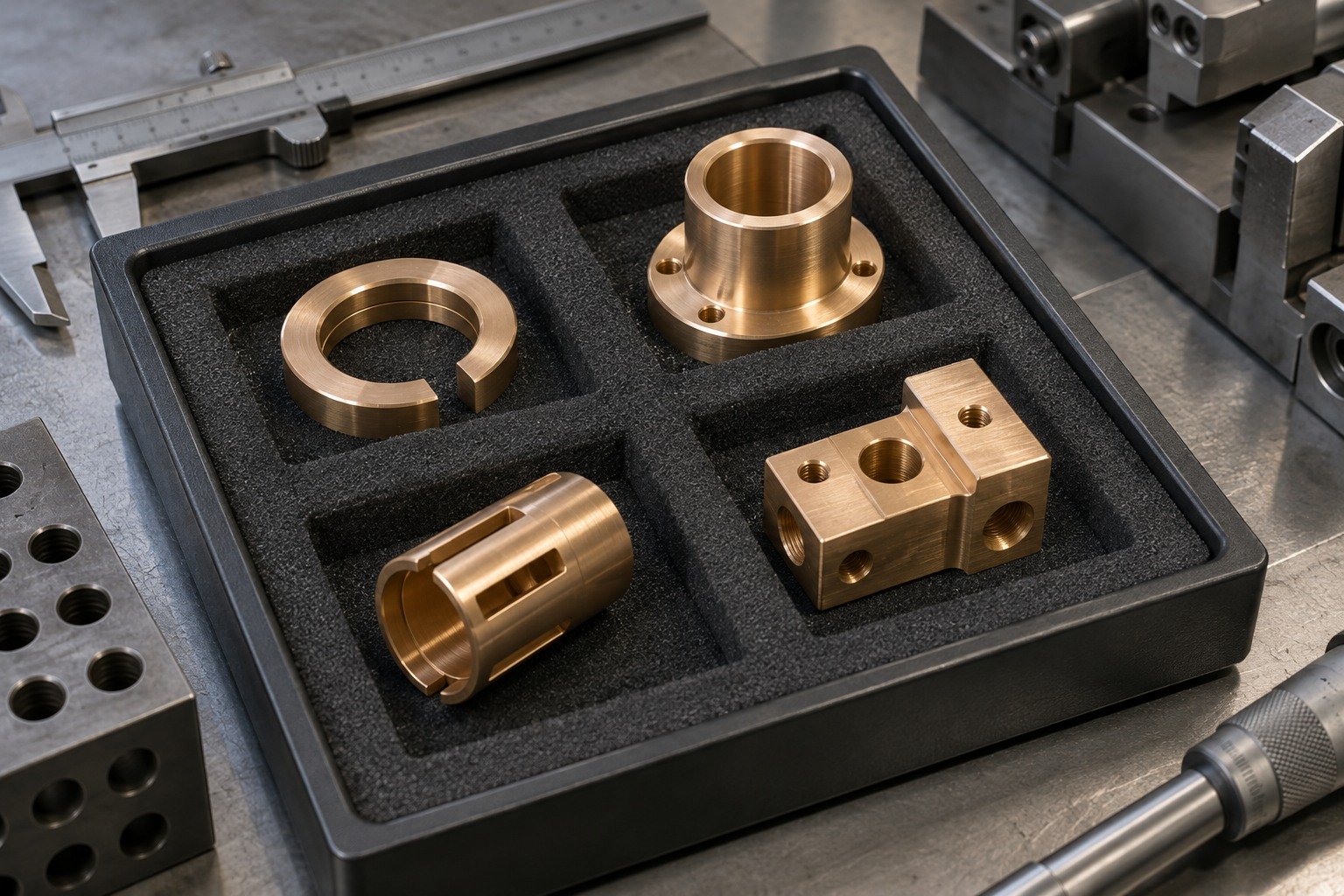 Distinct copper-alloy contact and connector concepts in separate protective pockets — illustrative generated component concept