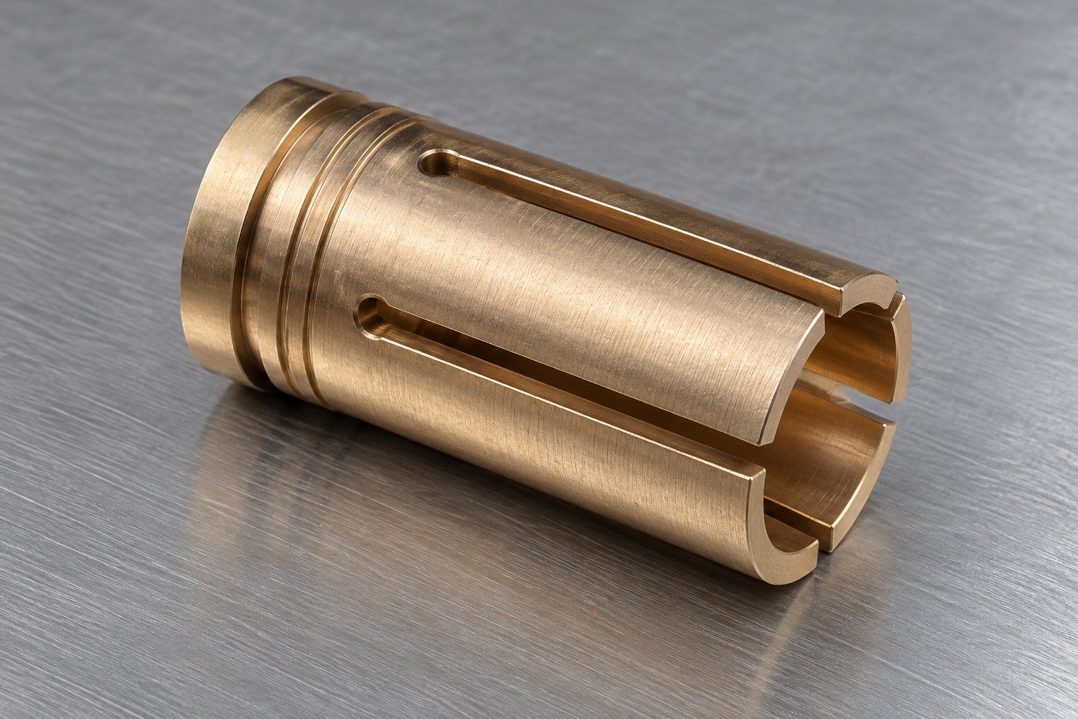Pale bronze copper-alloy cylindrical contact socket with four straight axial slots, rounded slot ends, a short external locating shoulder and two shallow circumferential grooves — illustrative generated component concept