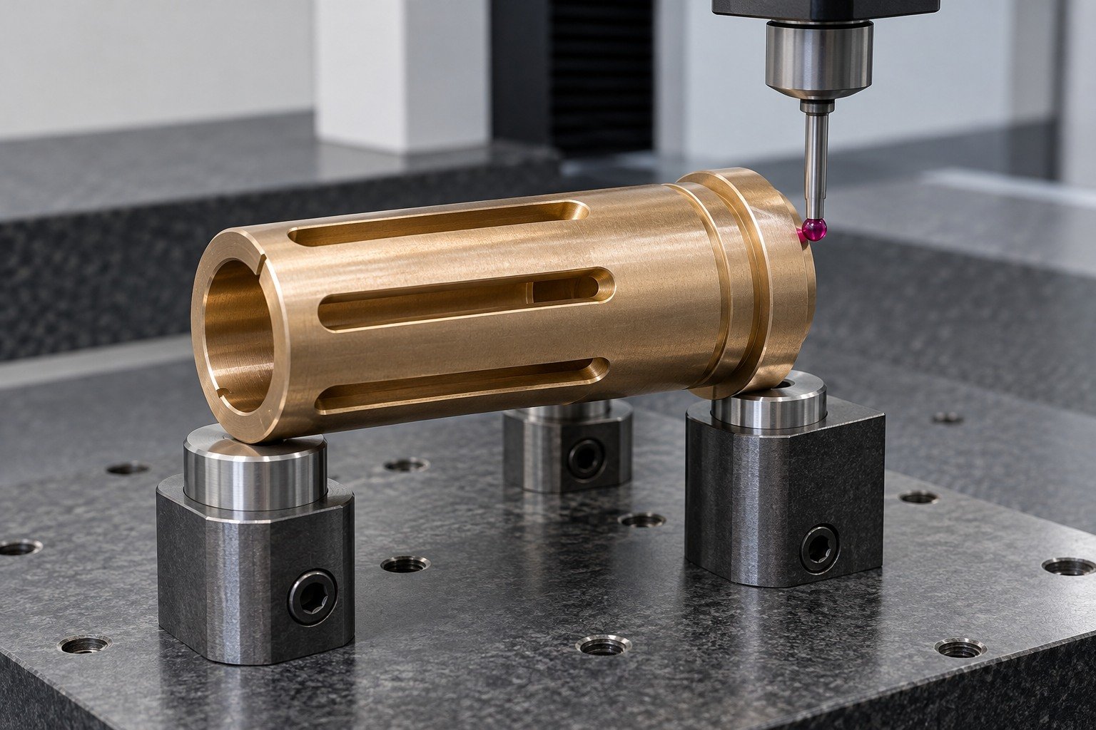 Final datum inspection of a copper-alloy slotted contact socket — illustrative generated component concept