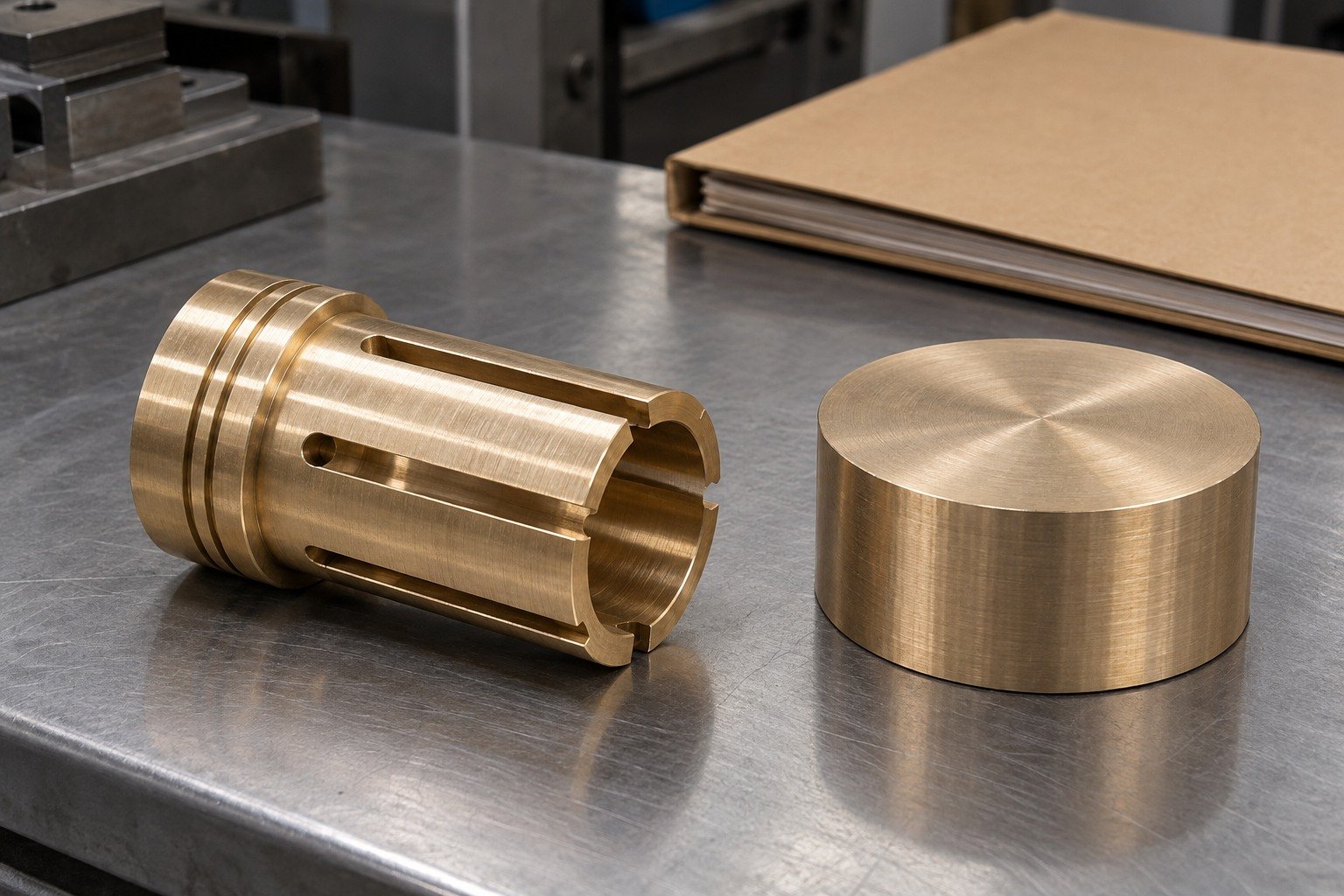 Copper-alloy slotted contact socket and separate stock for condition review — illustrative generated component concept