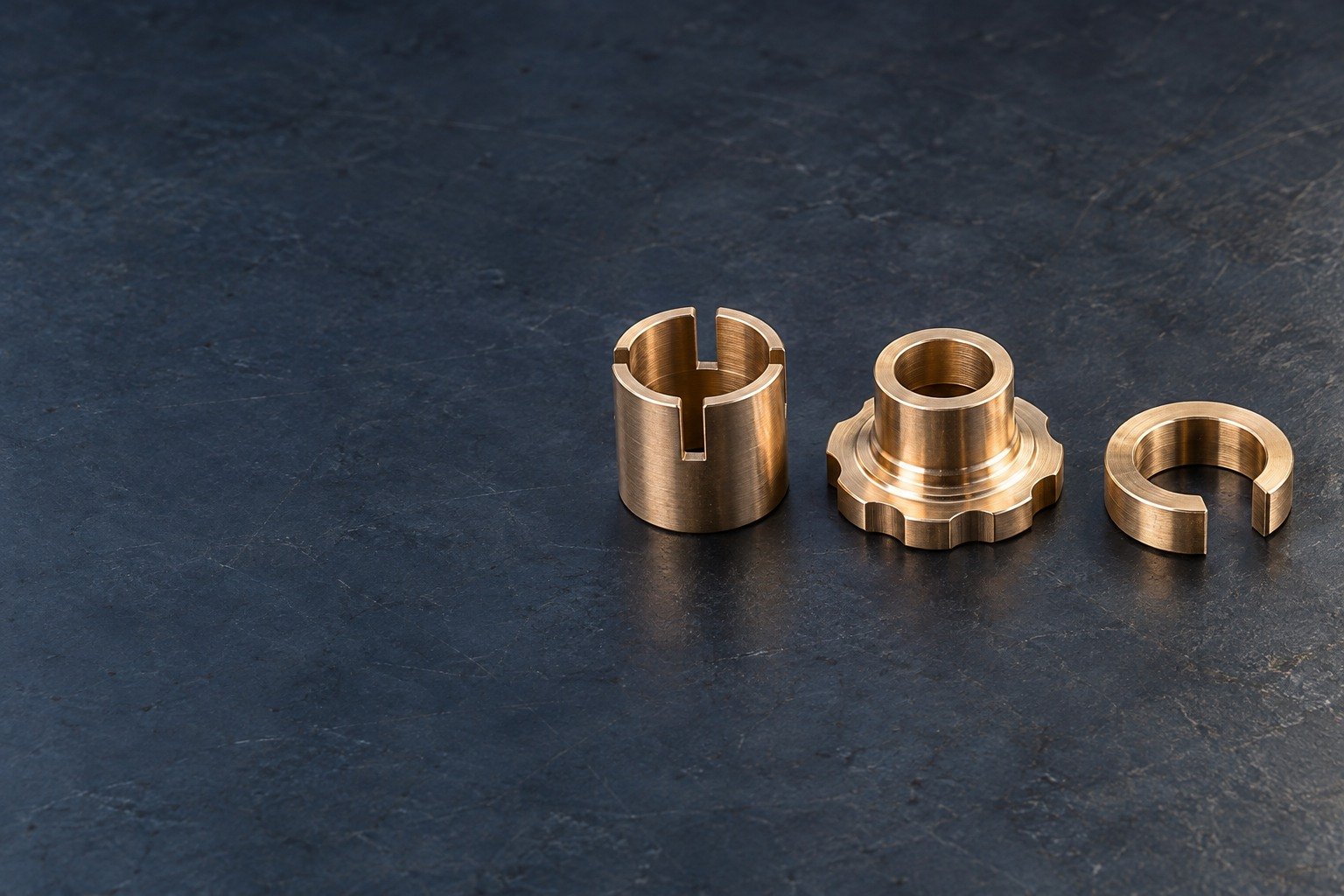 Pale bronze contact socket, flanged bushing and split-ring contact concepts — illustrative generated component concept