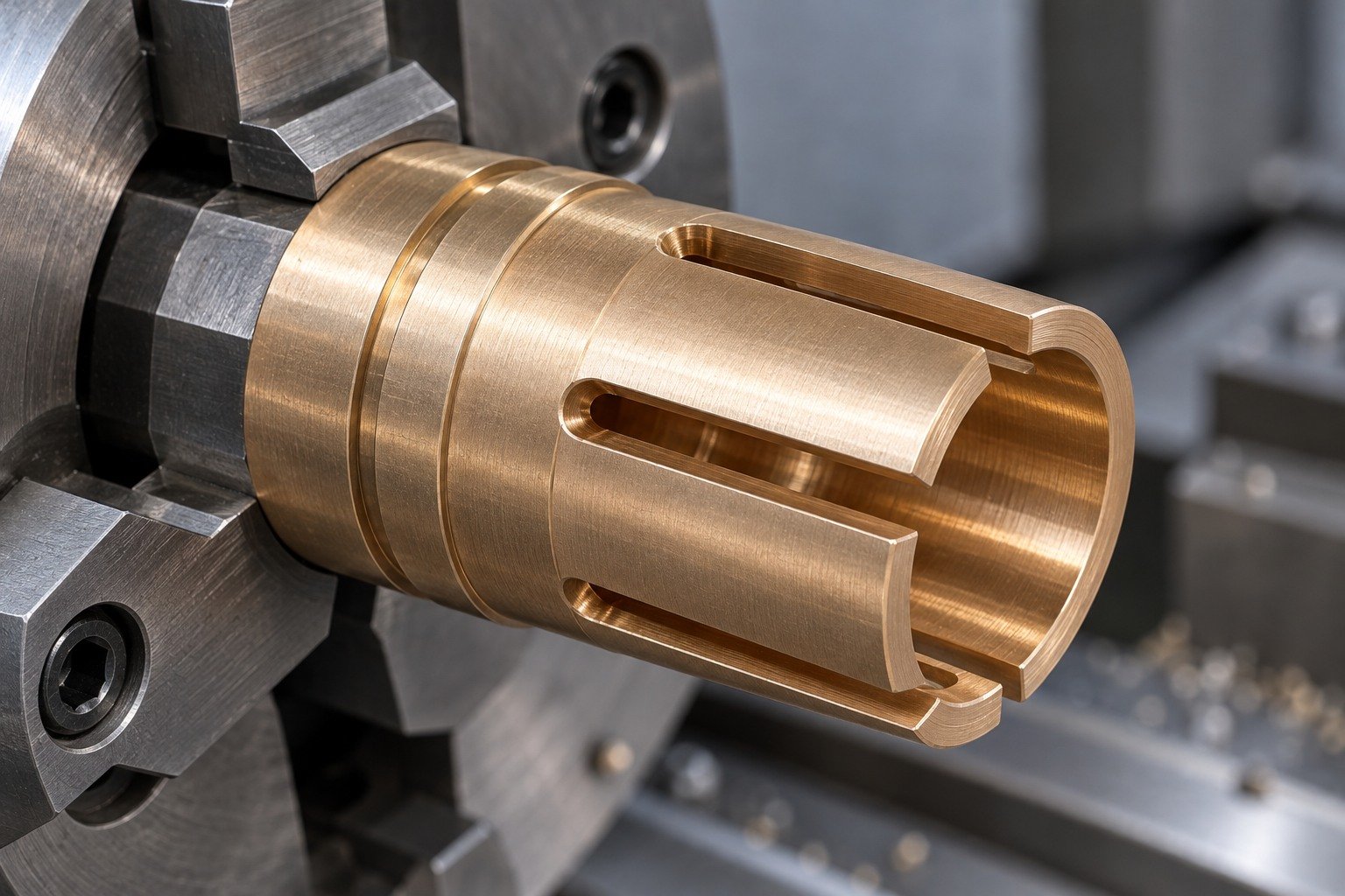 Slot-root and bore detail of a copper-alloy contact socket — illustrative generated component concept