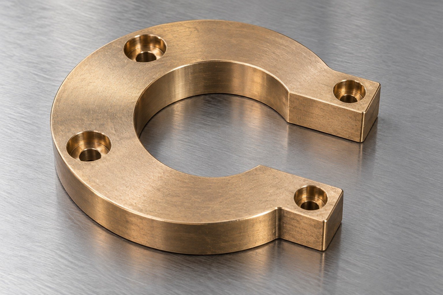 Pale bronze copper-alloy c-shaped thick split-ring contact with two short mounting ears, an accessible radial gap, three counterbored mounting holes and a broad flat rear face — illustrative generated component concept