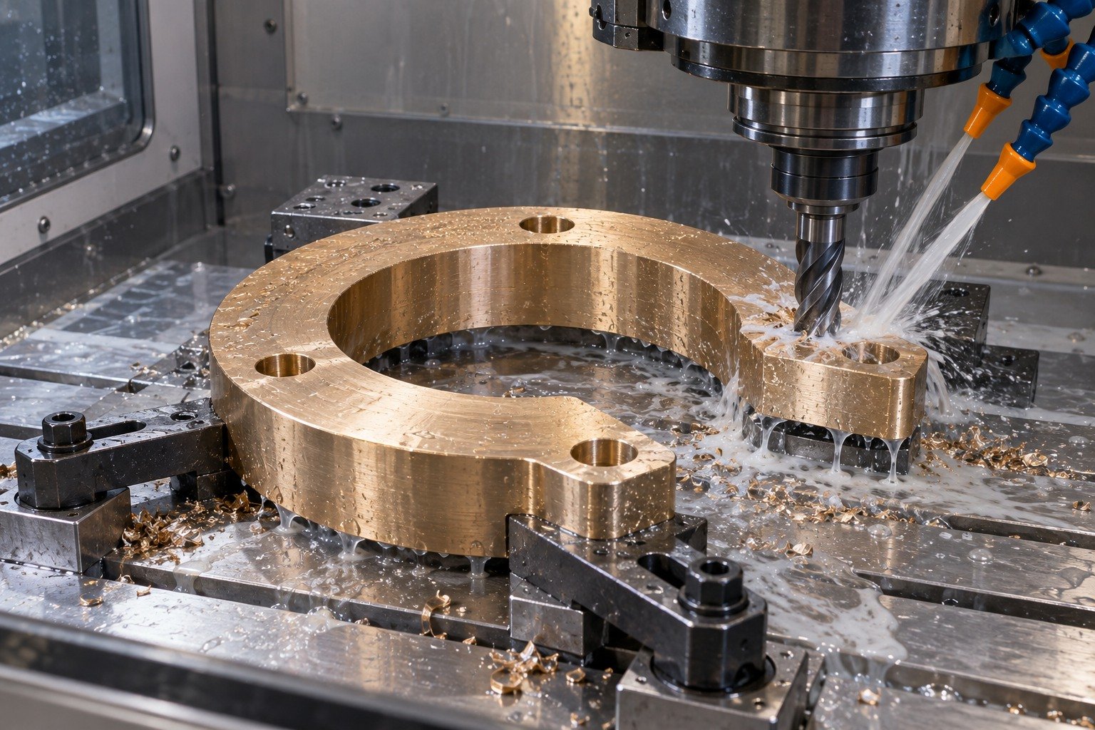 Enclosed wet machining concept for a copper-alloy split ring contact — illustrative generated component concept