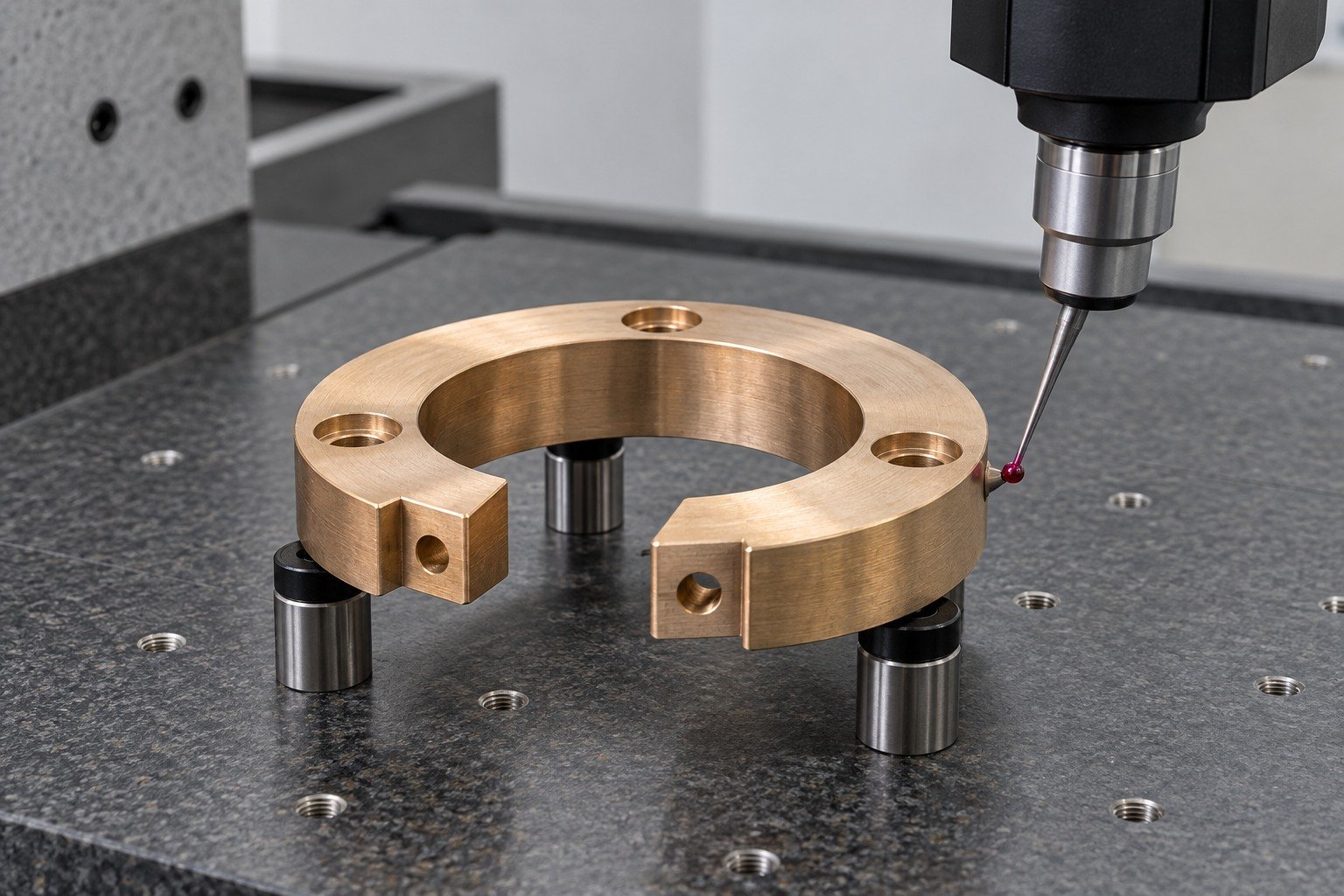 Final datum inspection of a copper-alloy split ring contact — illustrative generated component concept