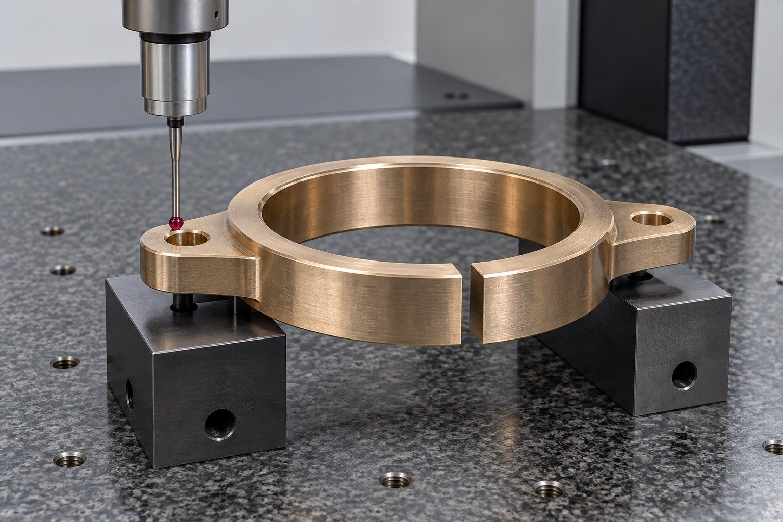 Final mounting-datum inspection of a copper-alloy split-ring contact — illustrative generated component concept