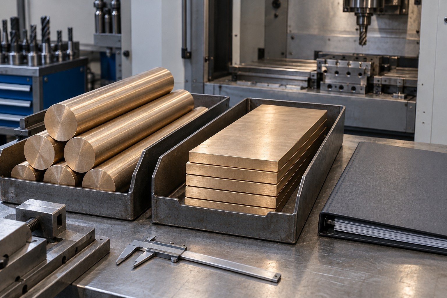 Separate copper-alloy stock forms on receiving trays — illustrative generated component concept