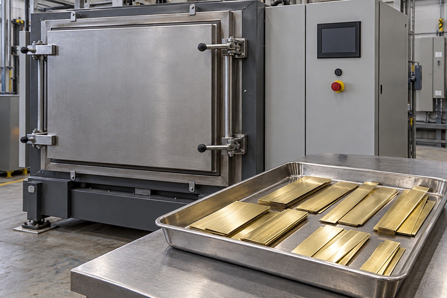 Closed furnace and separate brass strip coupons for annealing-route review — illustrative generated component concept