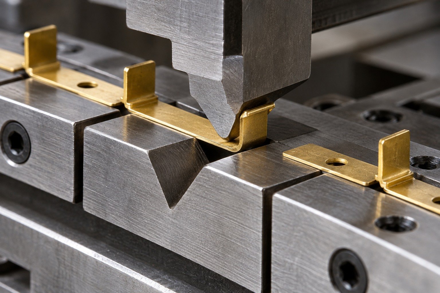Supported forming setup for thin brass contact tabs — illustrative generated component concept