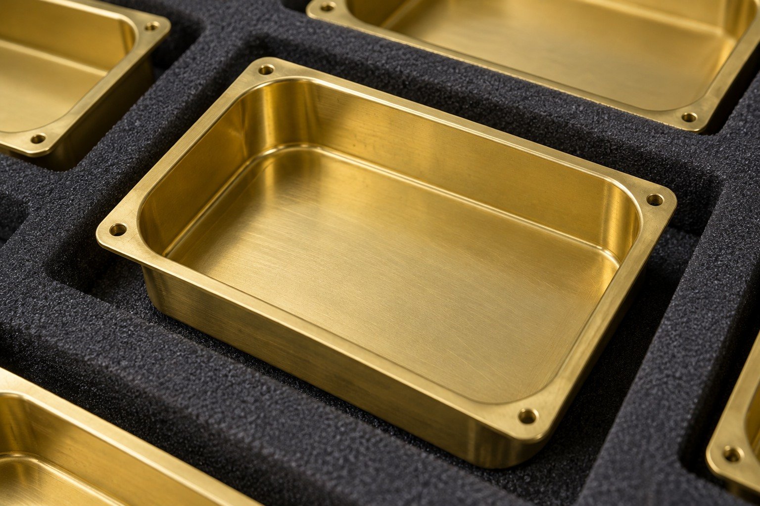 Shallow drawn brass enclosure protected in an individual pocket — illustrative generated component concept