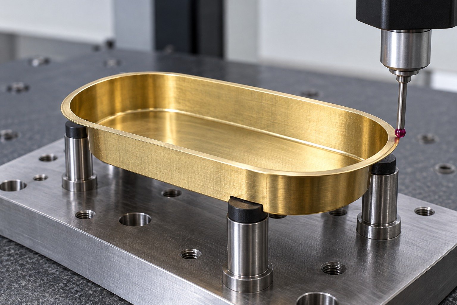 Final rim-datum inspection of a shallow drawn brass cup — illustrative generated component concept