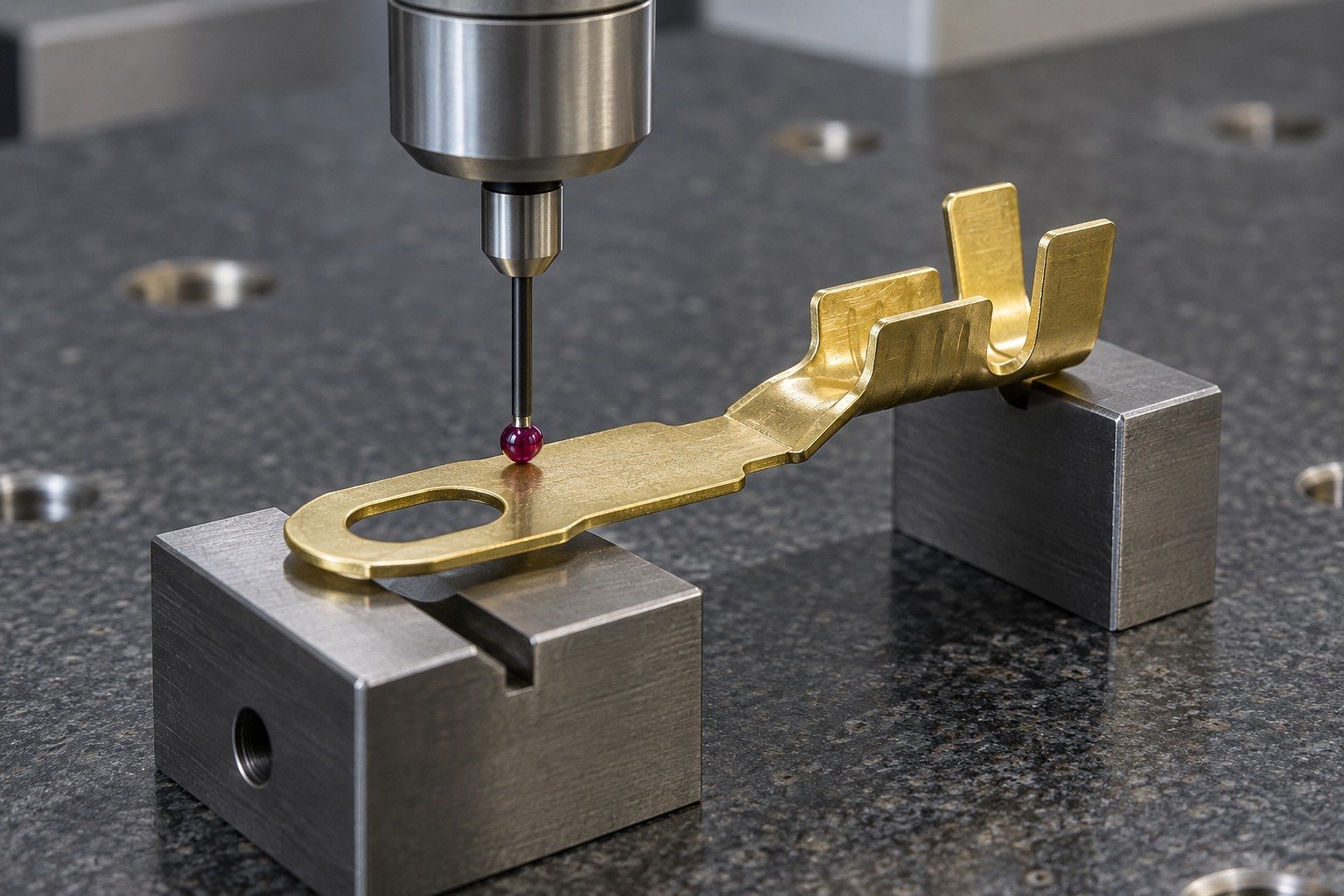 First-sample datum inspection of a formed brass terminal — illustrative generated component concept