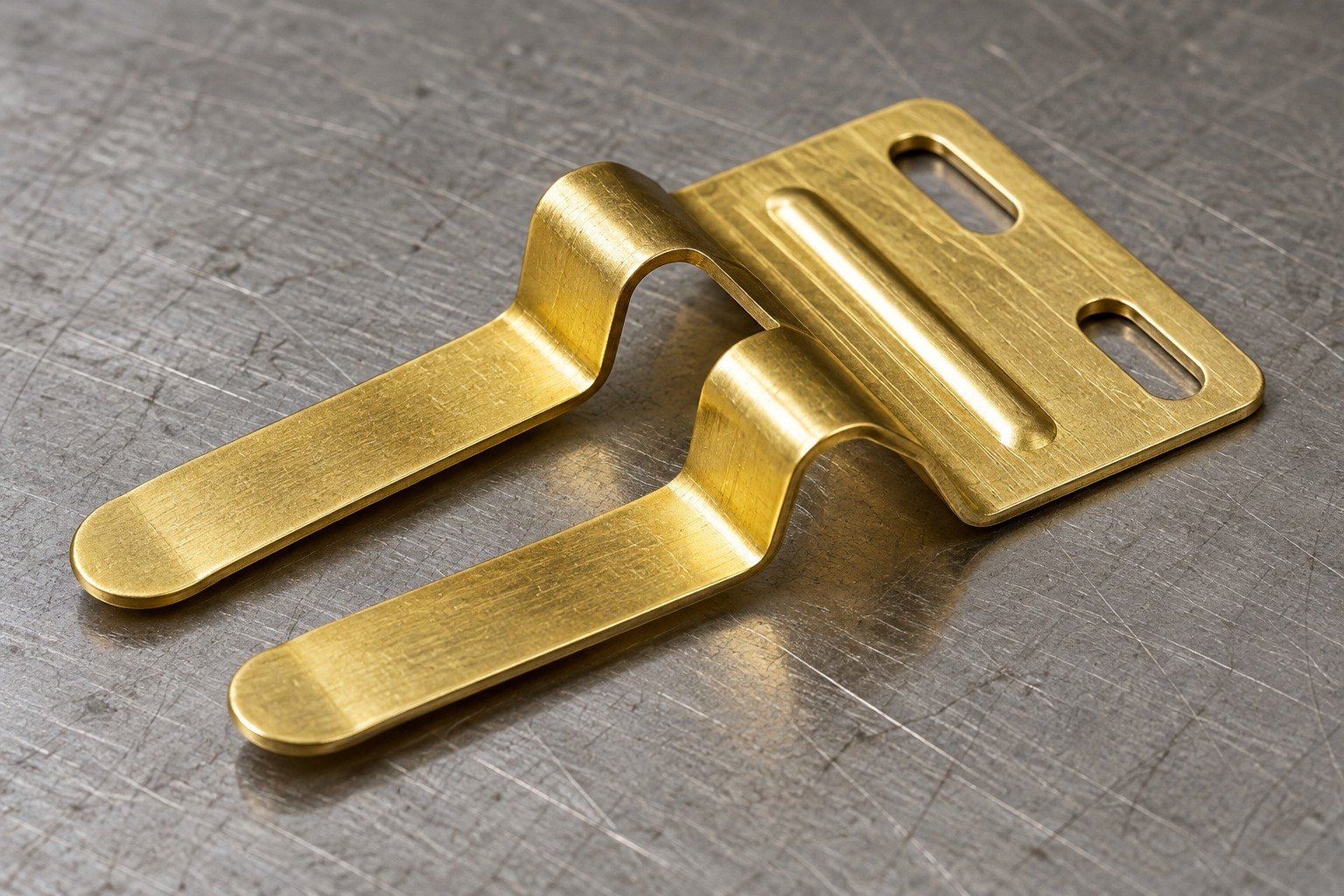 Thin yellow brass u-shaped folded electrical contact clip with two parallel contact fingers, rounded ends, a broad mounting foot, two pierced slots and a shallow stiffening rib; consistent thin sheet wall, no thick block — illustrative generated component concept