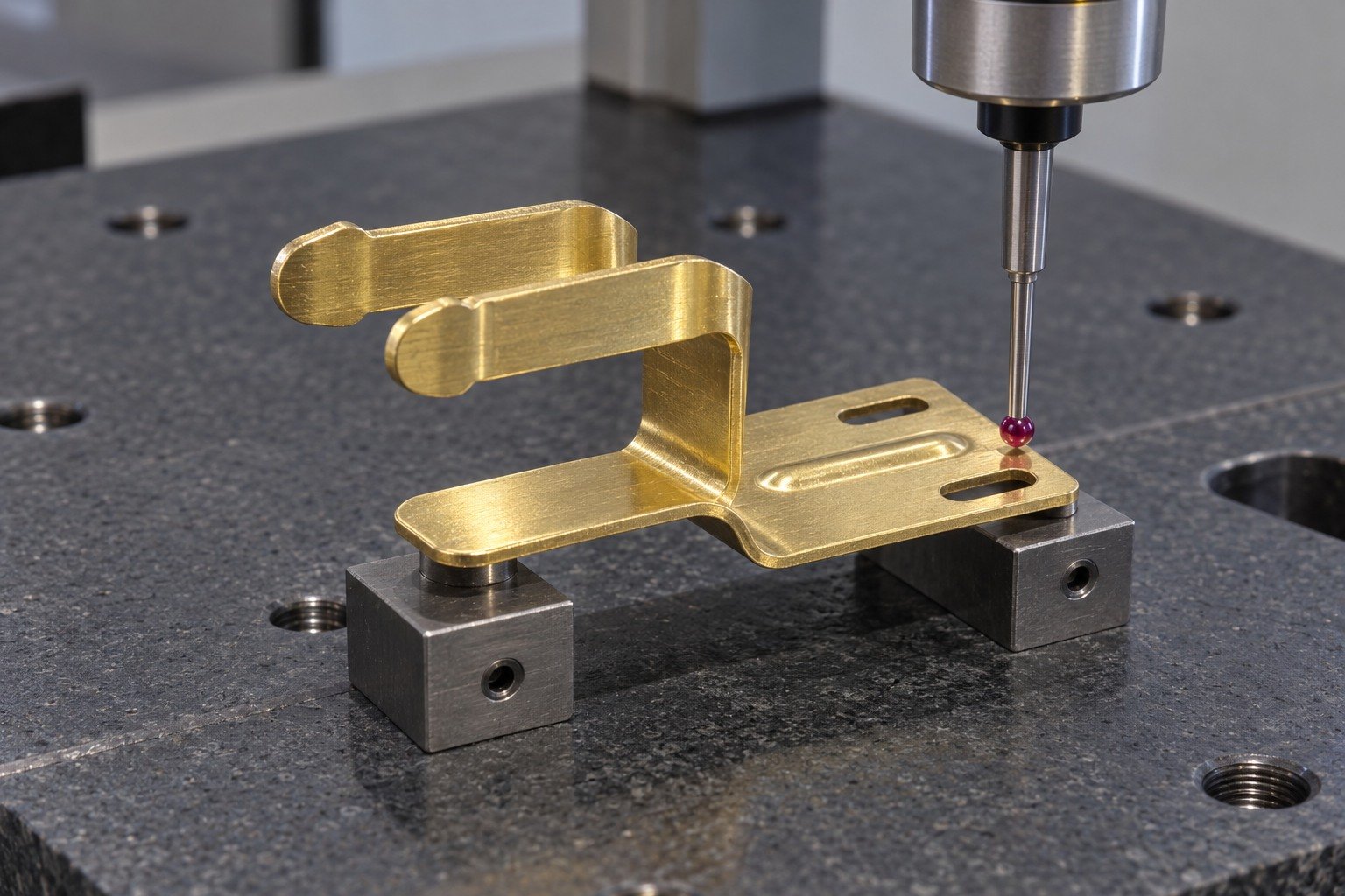 Datum inspection of a formed brass folded contact clip — illustrative generated component concept