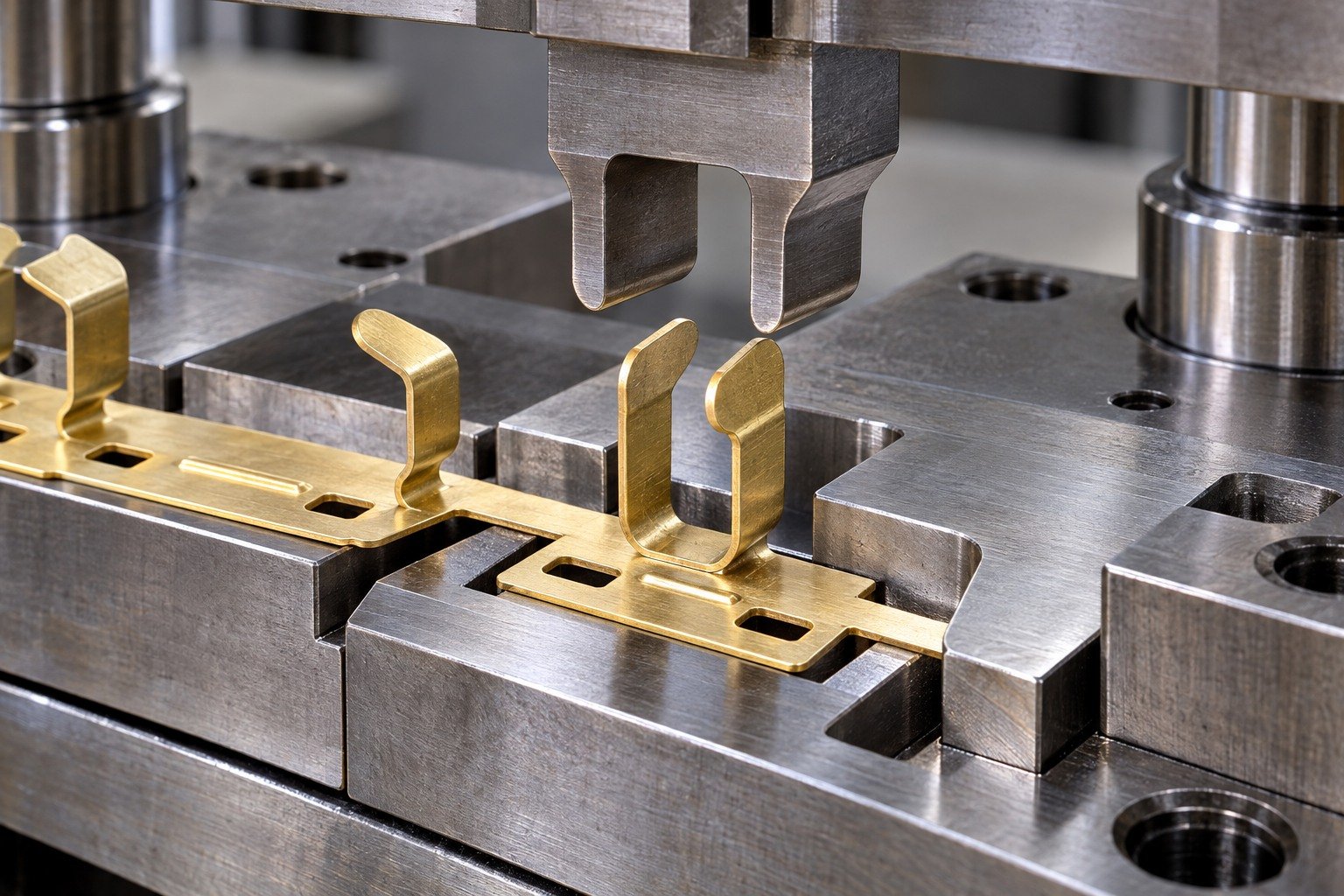 Press-tool setup concept for a brass folded contact clip — illustrative generated component concept