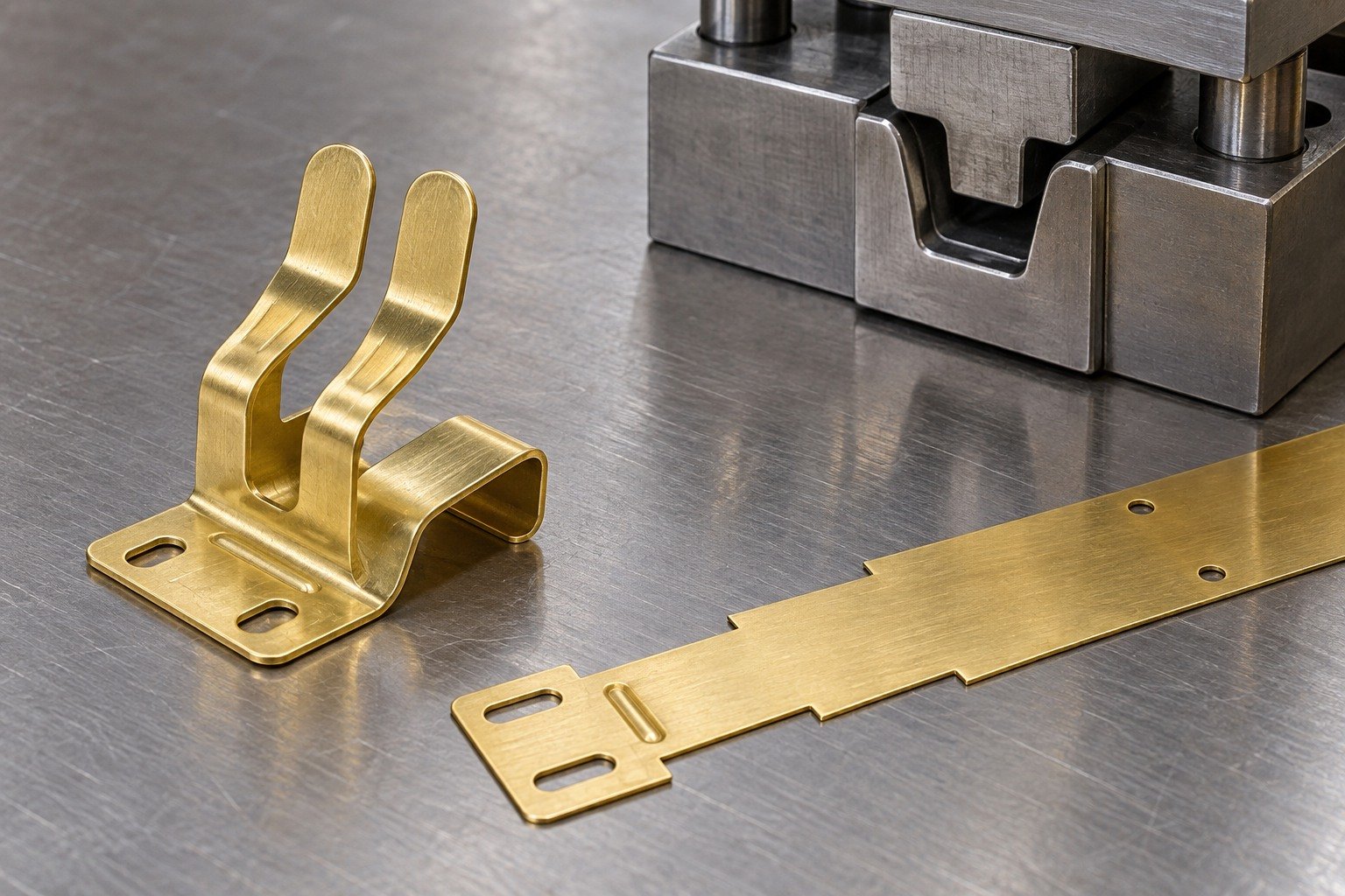 Brass folded contact clip with separate strip stock for condition review — illustrative generated component concept
