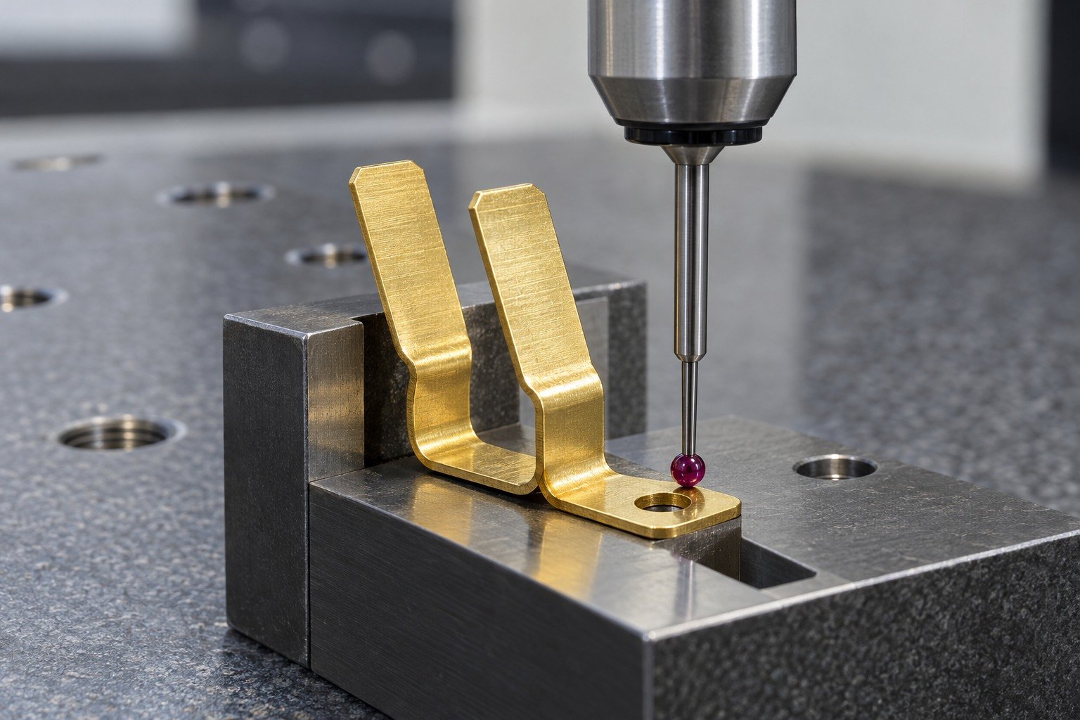 Final mounting-datum inspection of a formed brass contact clip — illustrative generated component concept