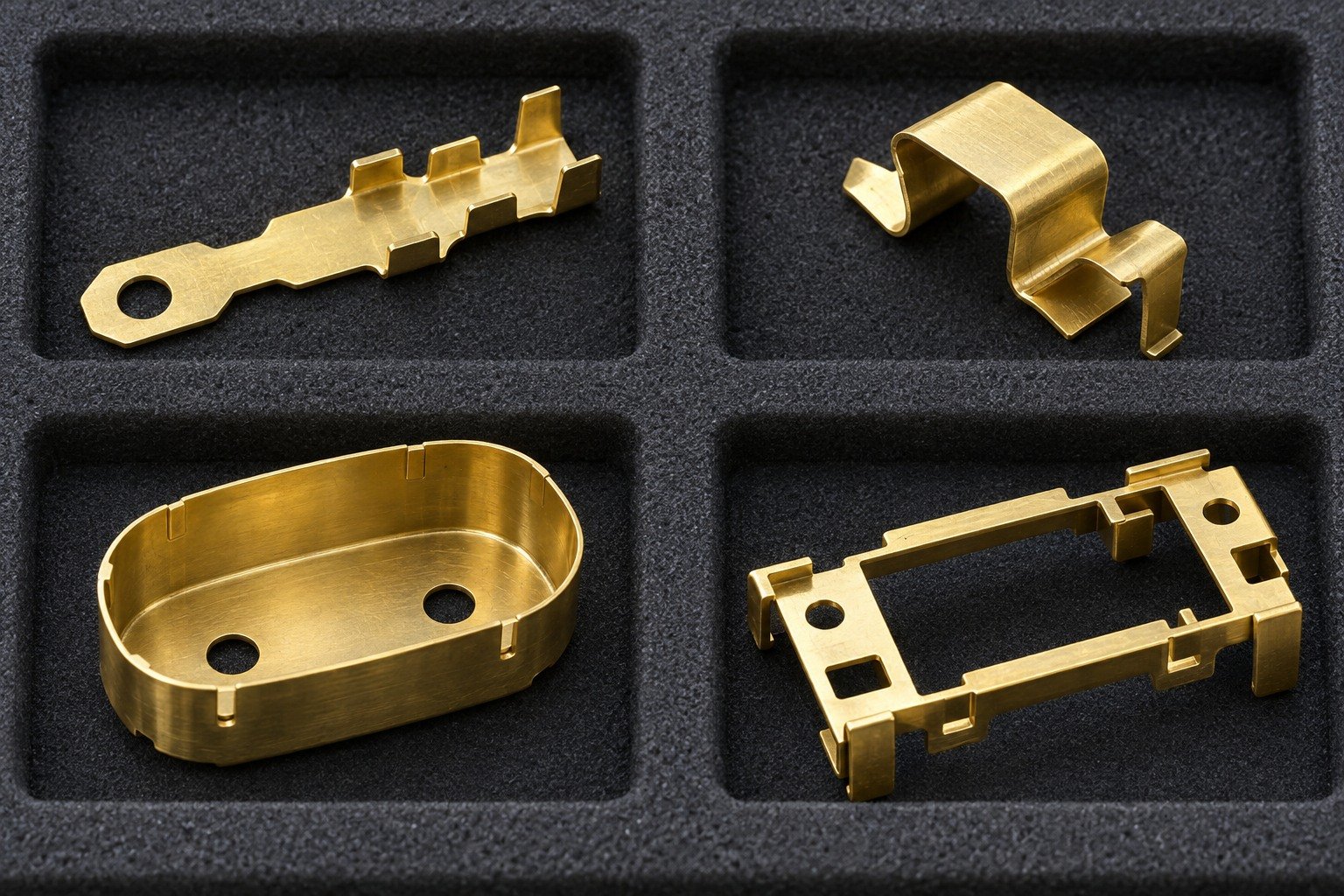 Distinct thin brass stampings in separate protective pockets — illustrative generated component concept