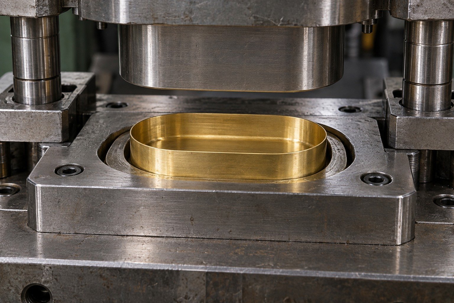 Shallow oval brass cup in a matched deep-drawing die — illustrative generated component concept