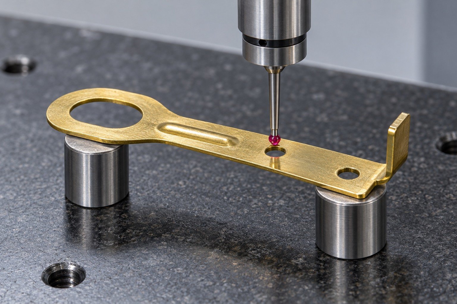 Datum inspection of a formed brass pierced terminal tab — illustrative generated component concept