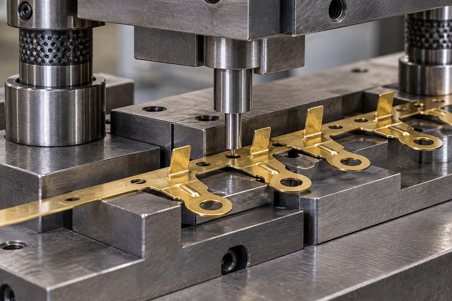 Press-tool setup concept for a brass pierced terminal tab — illustrative generated component concept