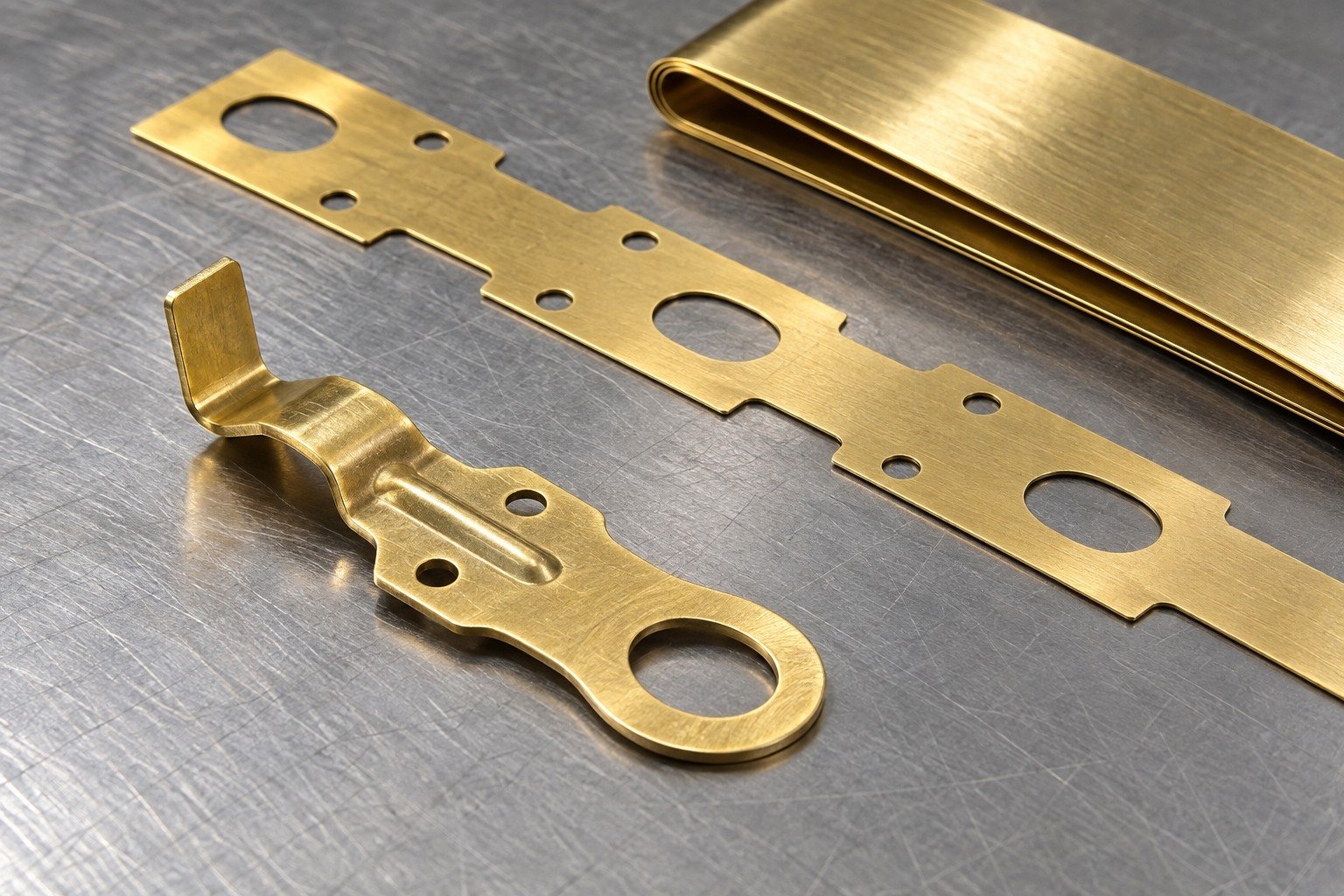 Brass pierced terminal tab with separate strip stock for condition review — illustrative generated component concept