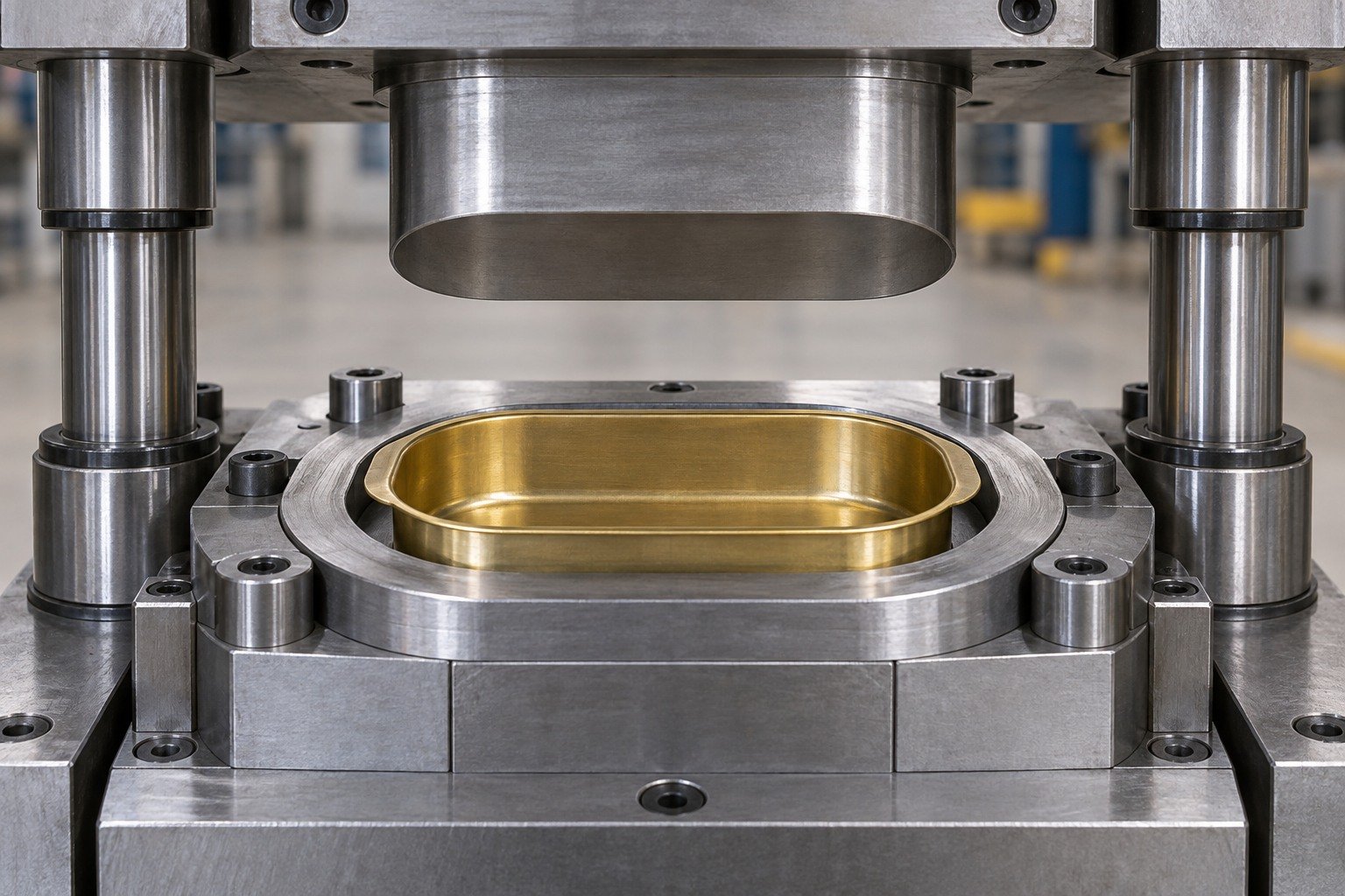 Press-tool setup concept for a brass shallow oval drawn cup — illustrative generated component concept