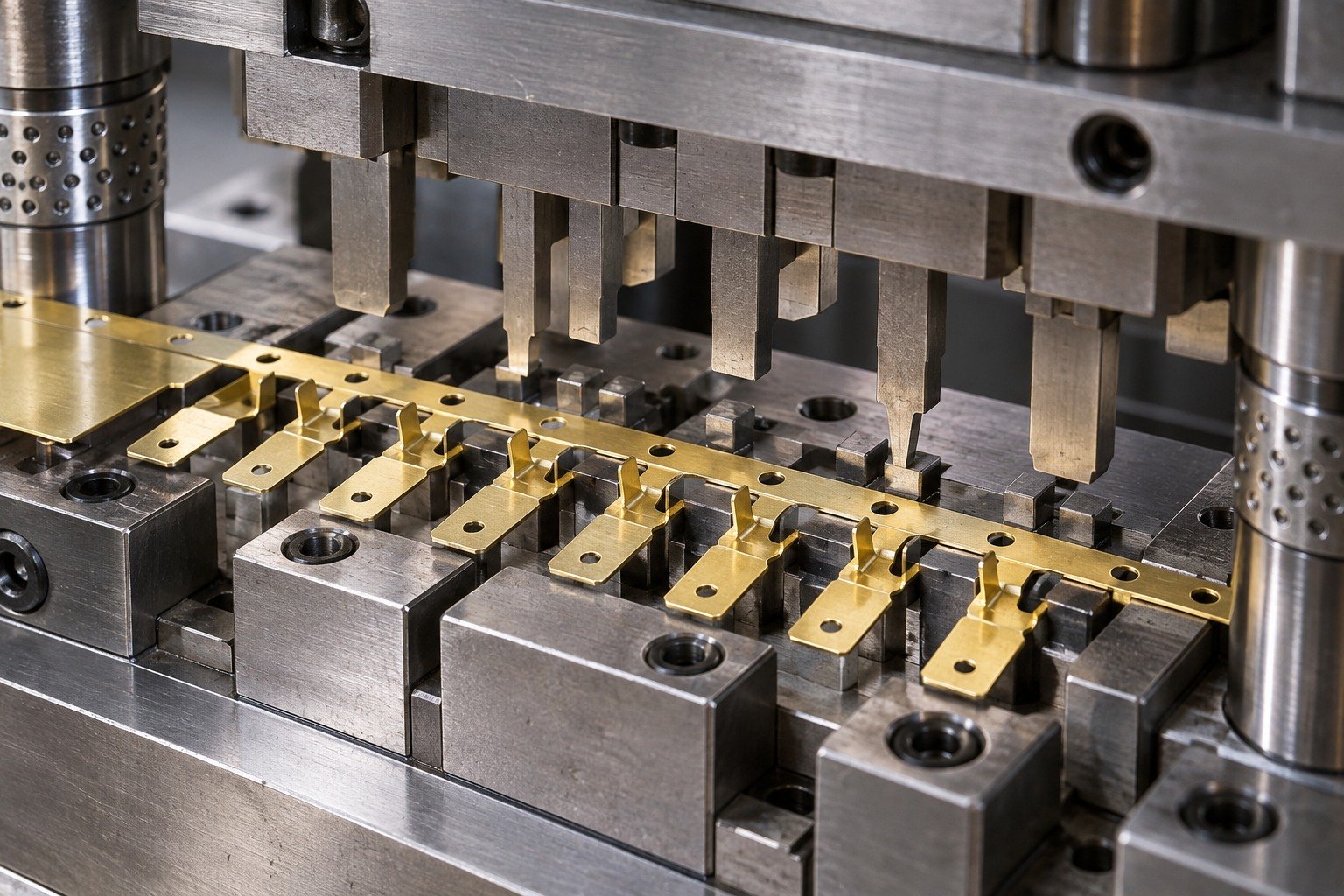 Brass strip blanking and piercing setup in a matched die — illustrative generated component concept