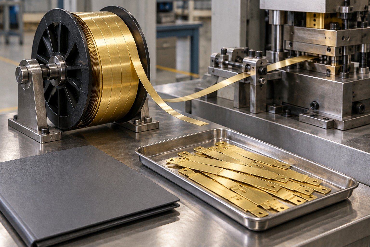 Brass strip coil and flat blanks for stock review — illustrative generated component concept