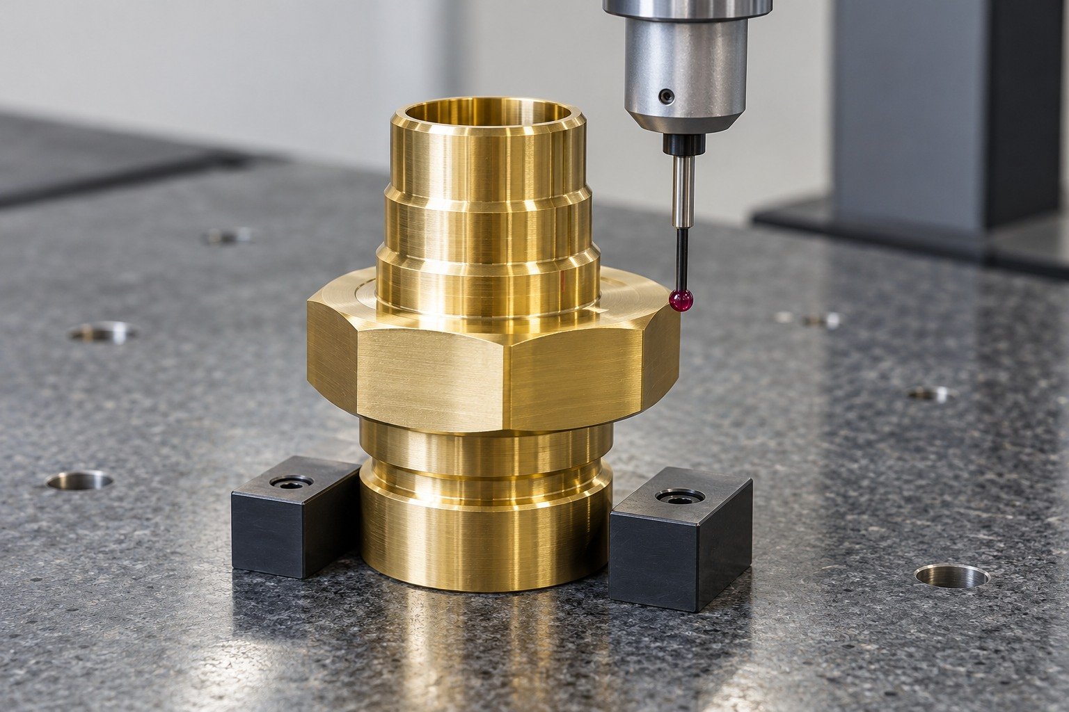 Datum inspection of a brass connector housing — illustrative generated component concept