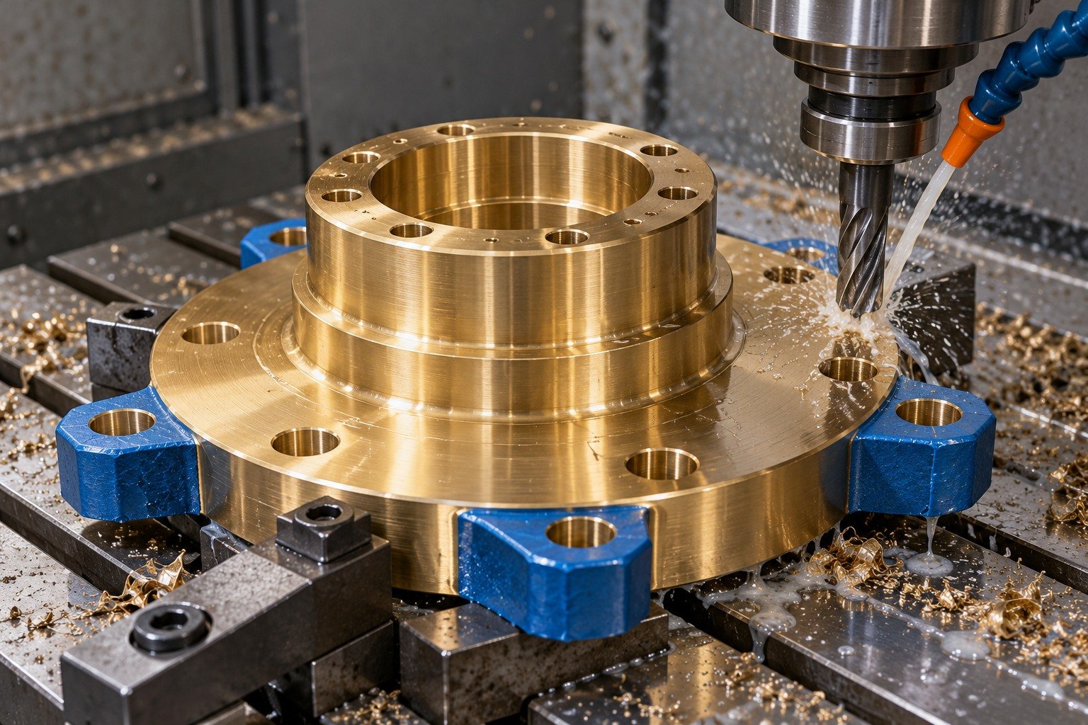 Brass connector sealing land with protected handling pads — illustrative generated component concept