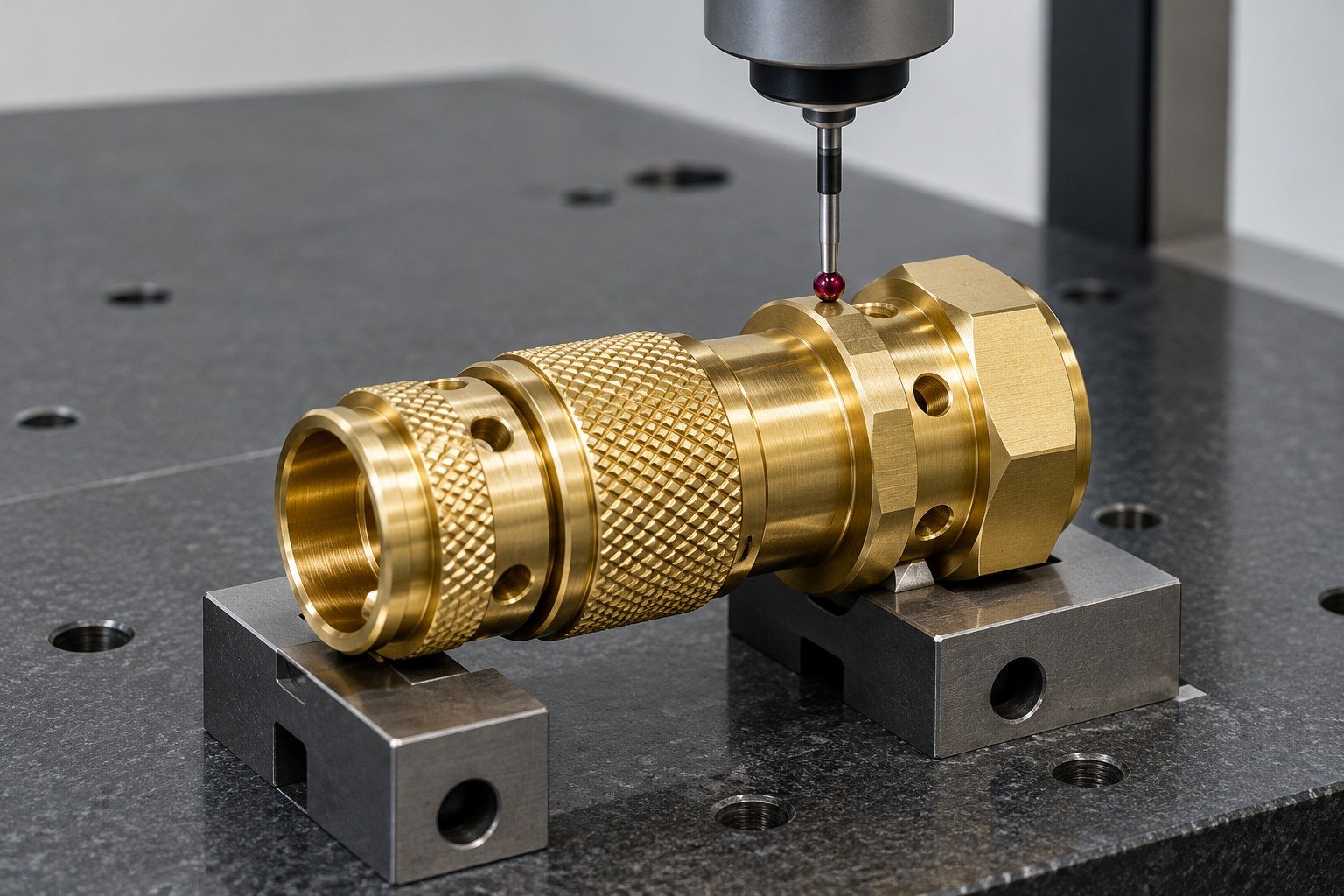 First-sample dimensional check of a brass connector — illustrative generated component concept