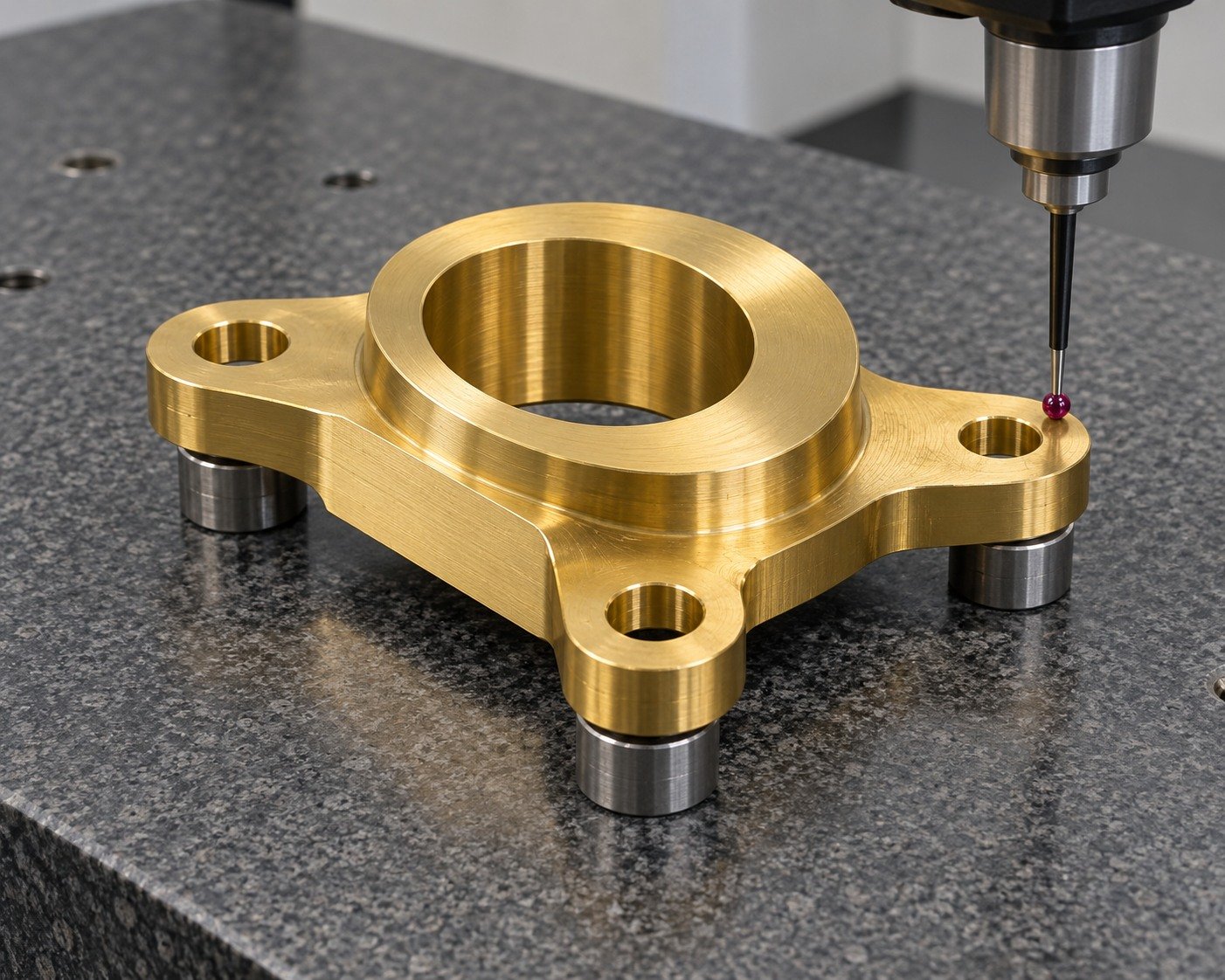 Datum inspection of a brass flanged offset spacer — illustrative generated component concept